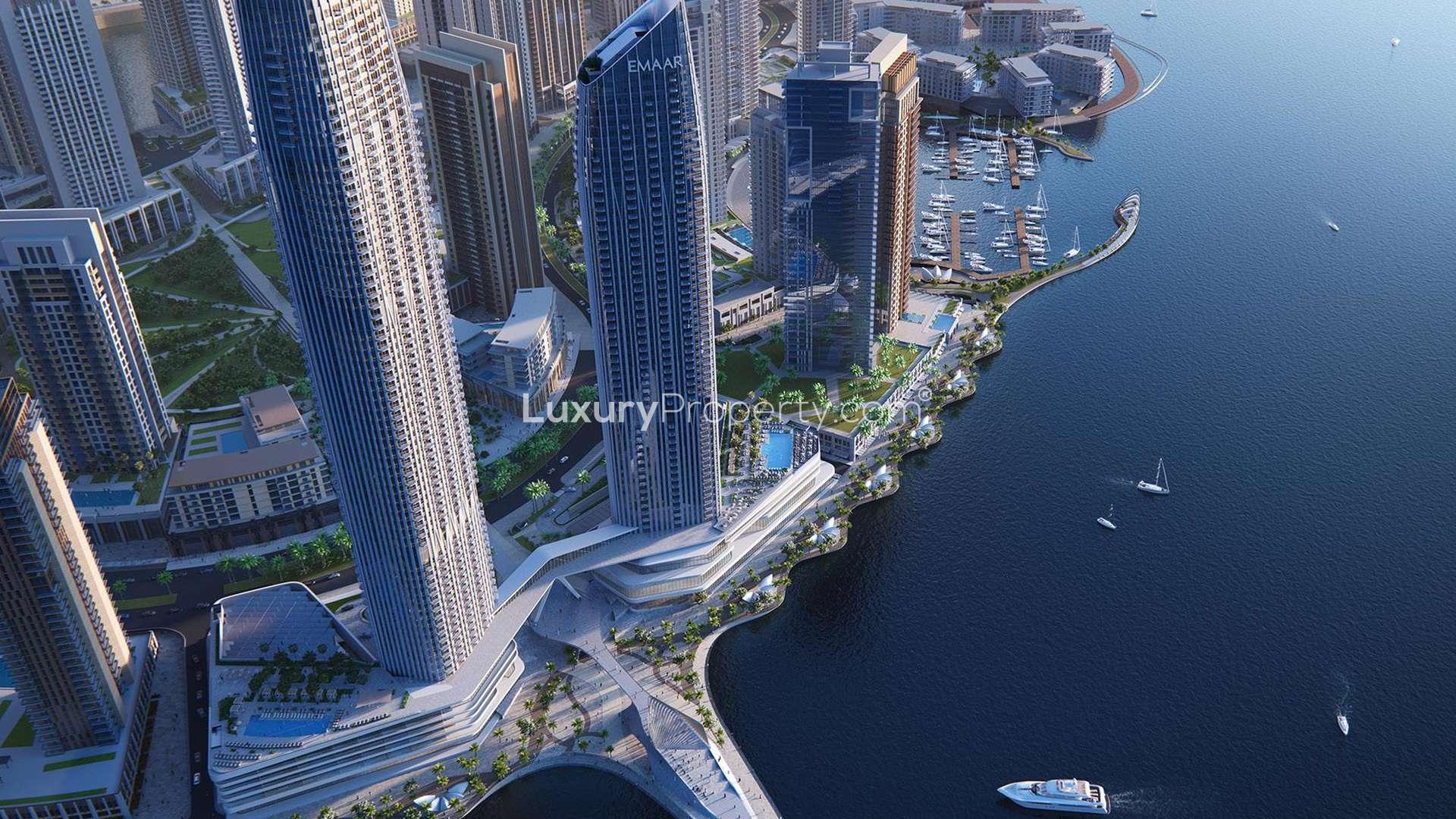 Balconies of serviced residences at Address Harbour Point, Dubai Creek Harbour, with skyline view