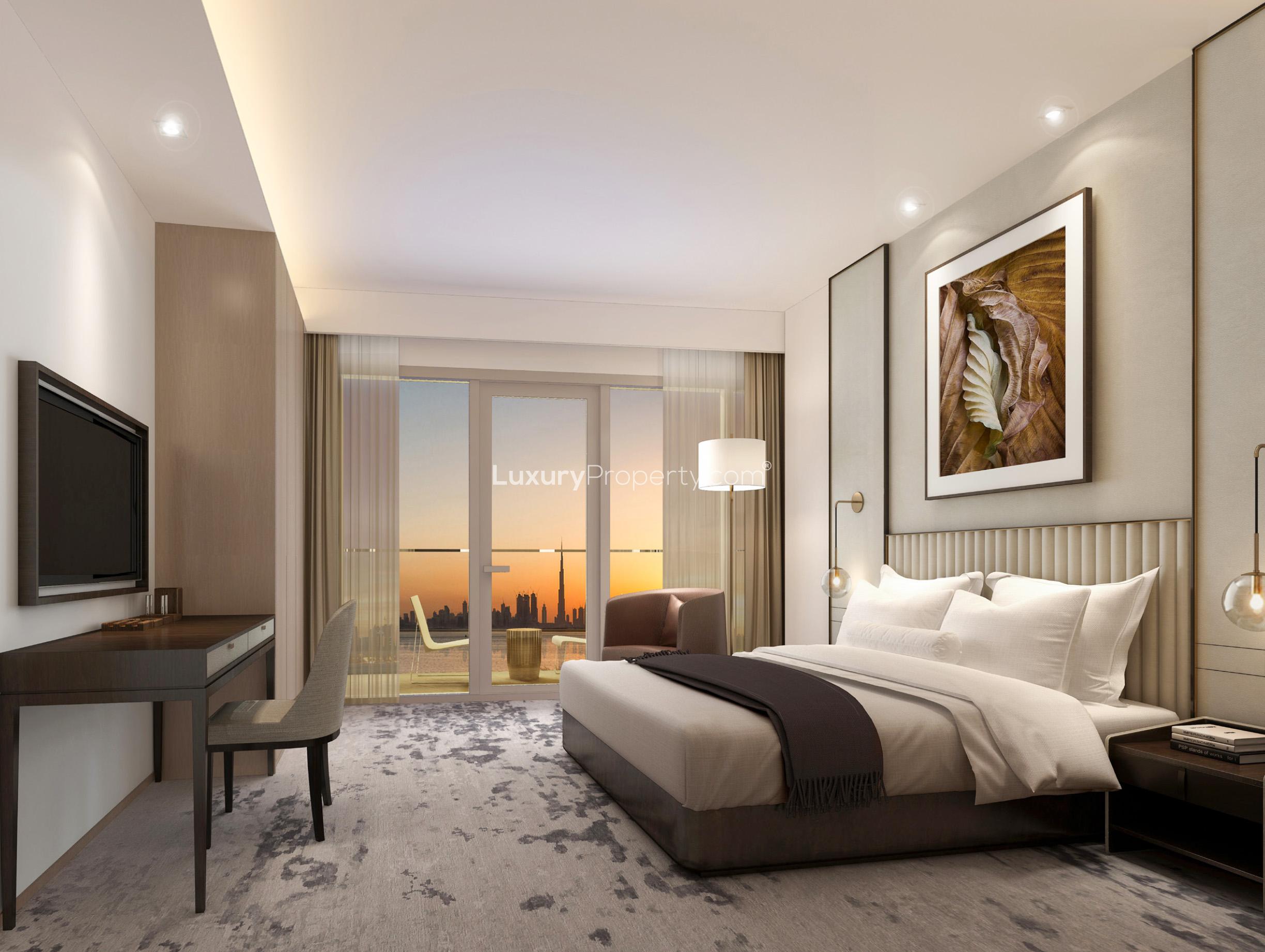 Elegant bedroom in two-bedroom serviced apartment, Address Harbour Point, Dubai Creek Harbour, sunset view