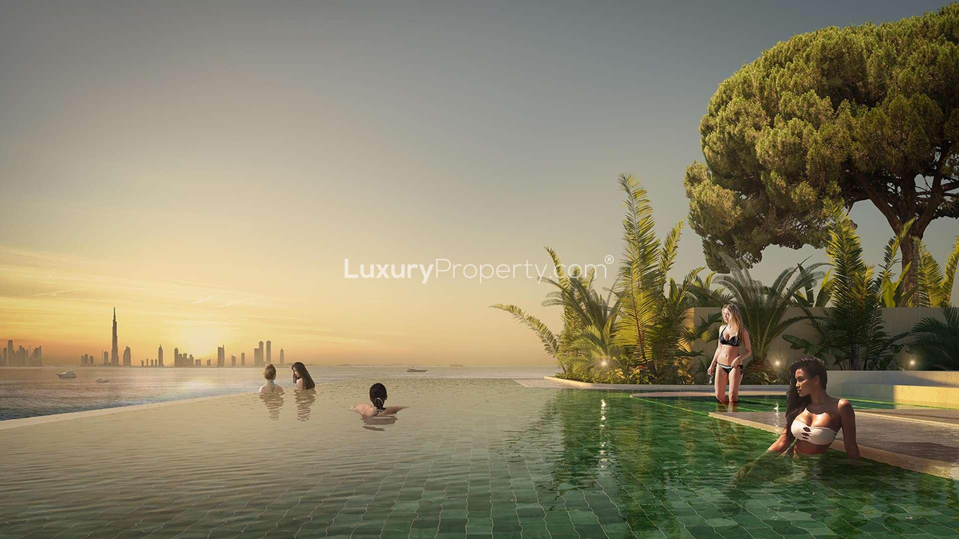 Luxurious bedroom interior in two-bedroom suite, Portofino Hotel, The World Islands