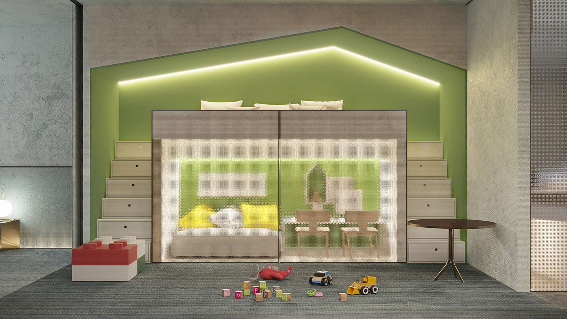 Luxury suite interior with modern design, toys, and loft bed in The World Islands apartment