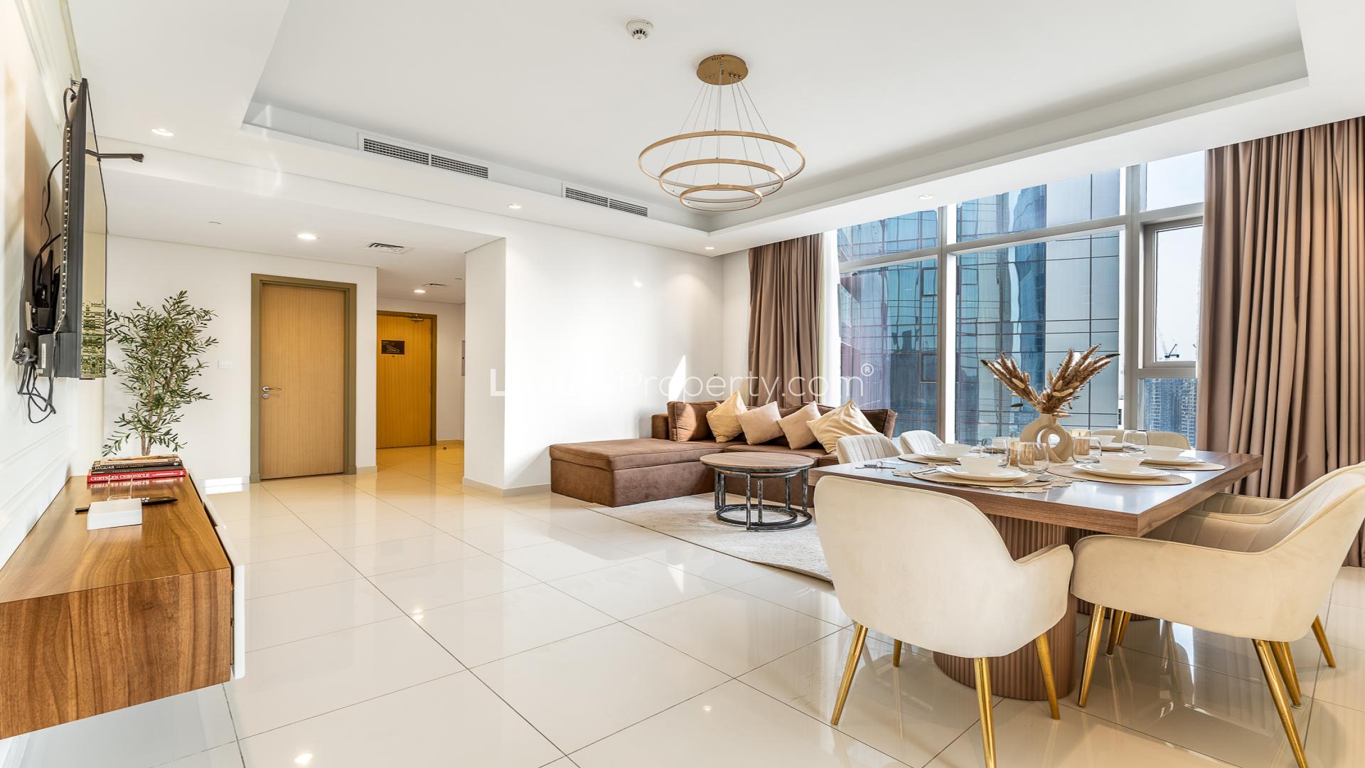 Modern living and dining area in Business Bay serviced residence, Paramount Tower Hotel & Residences