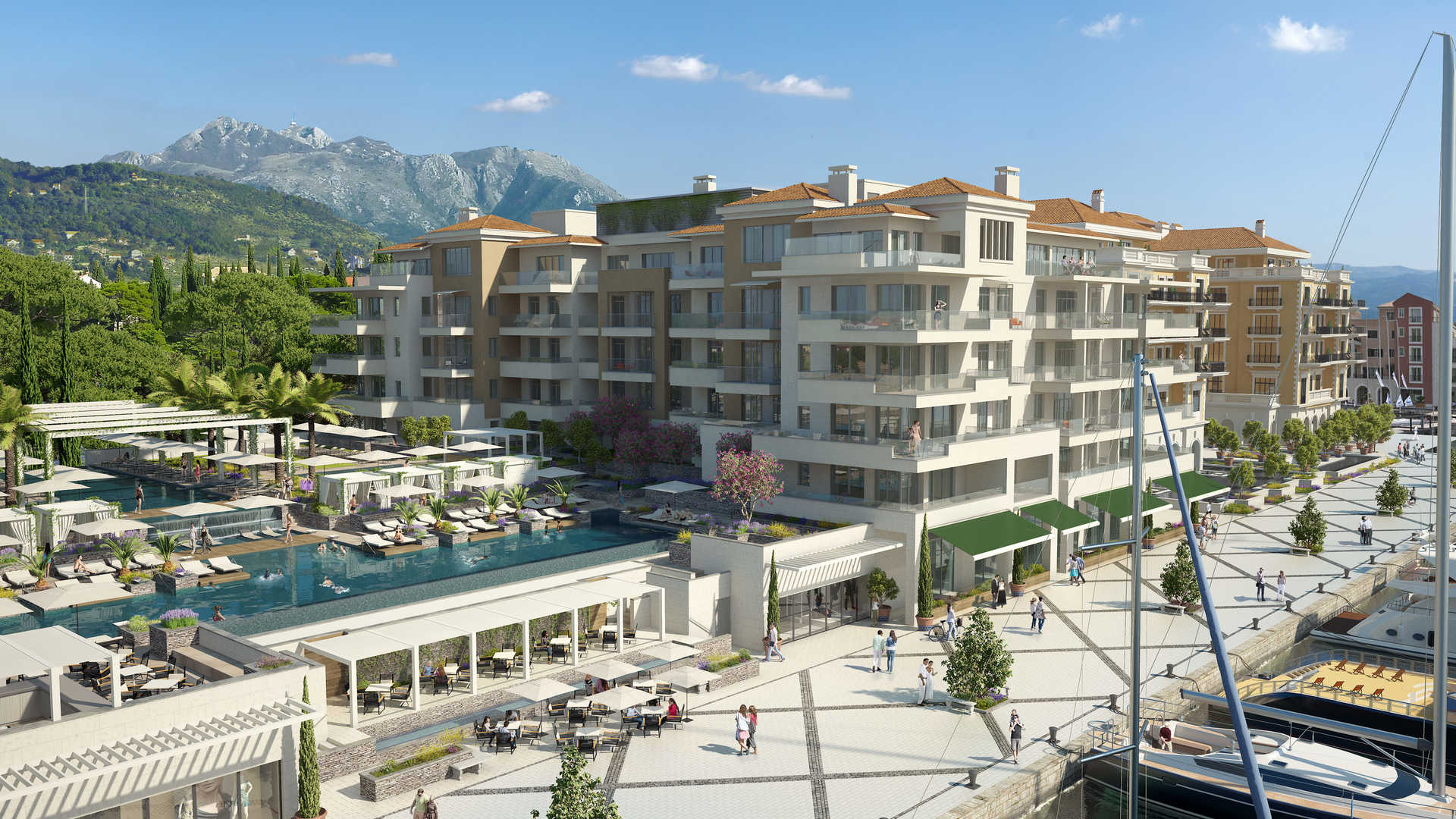 Living room with fireplace in Porto Montenegro waterfront serviced residence for sale