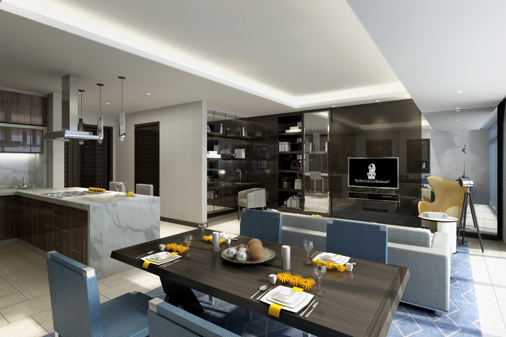 Elegant dining area at The Ritz Carlton, Kuala Lumpur serviced residence, featuring modern decor
