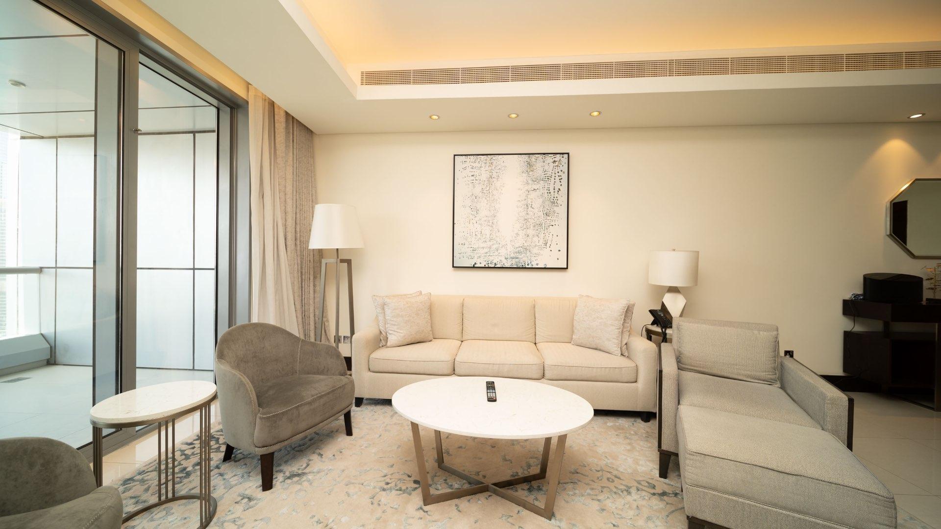 Balcony view of Downtown Dubai skyline from Burj Lake Hotel apartment, near Dubai Mall