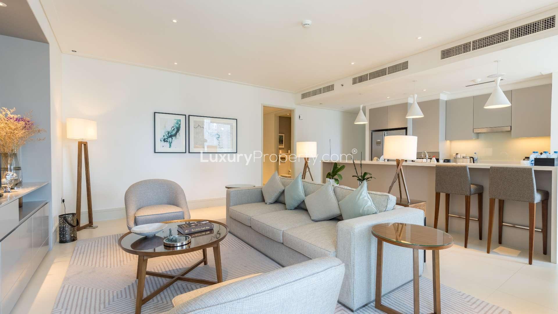 Balcony view of Burj Khalifa and Downtown Dubai skyline from Vida Residence apartment