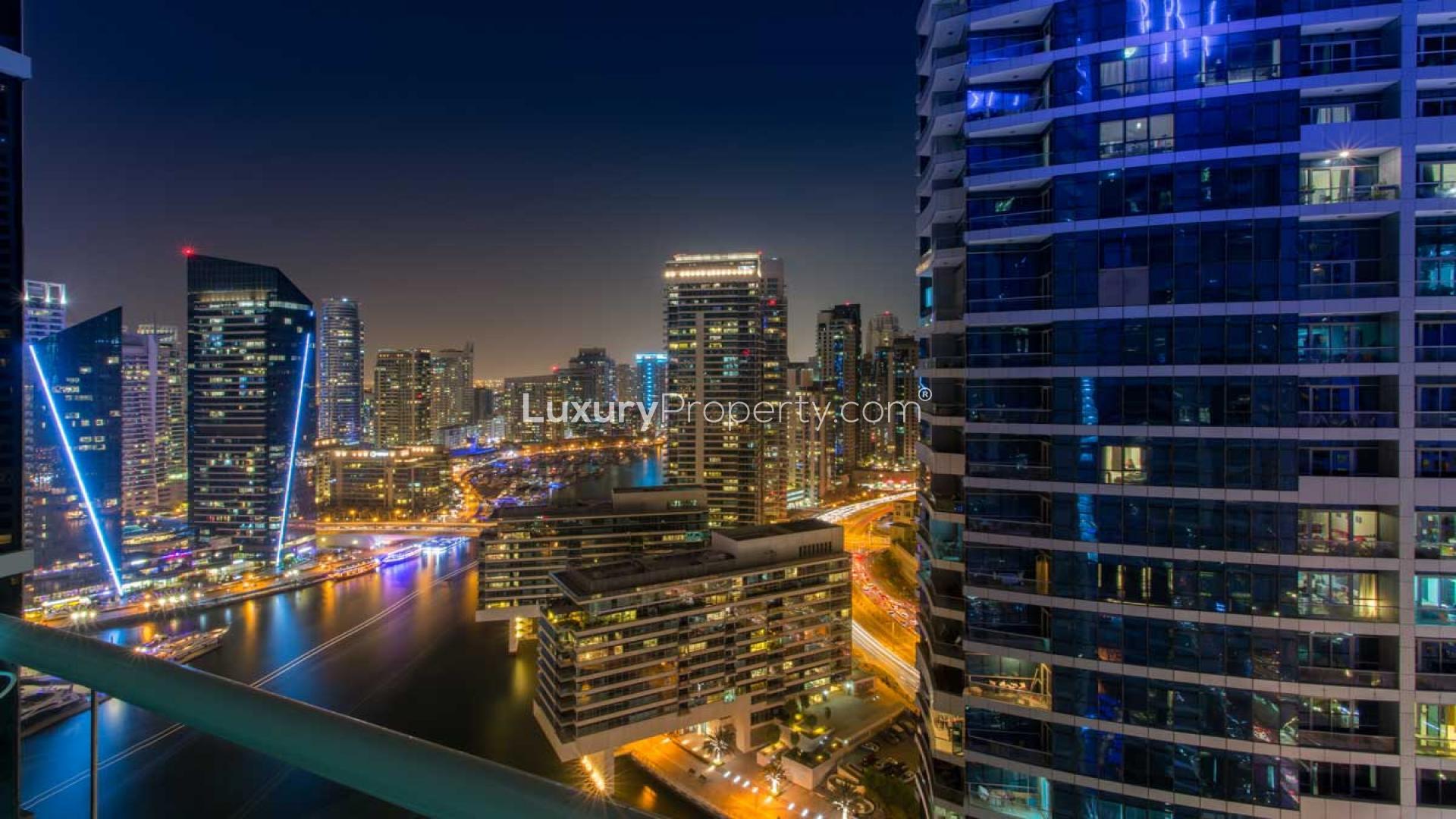 Dubai skyline view from Al Barsha 1 townhouse for sale at night