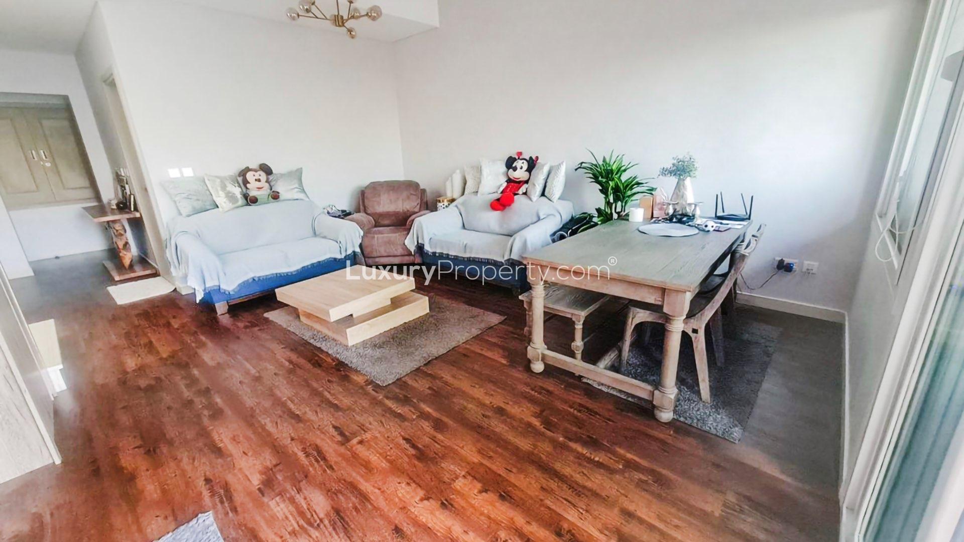 Outdoor view of modern villa patio and garden in Serena Bella Casa, Dubailand