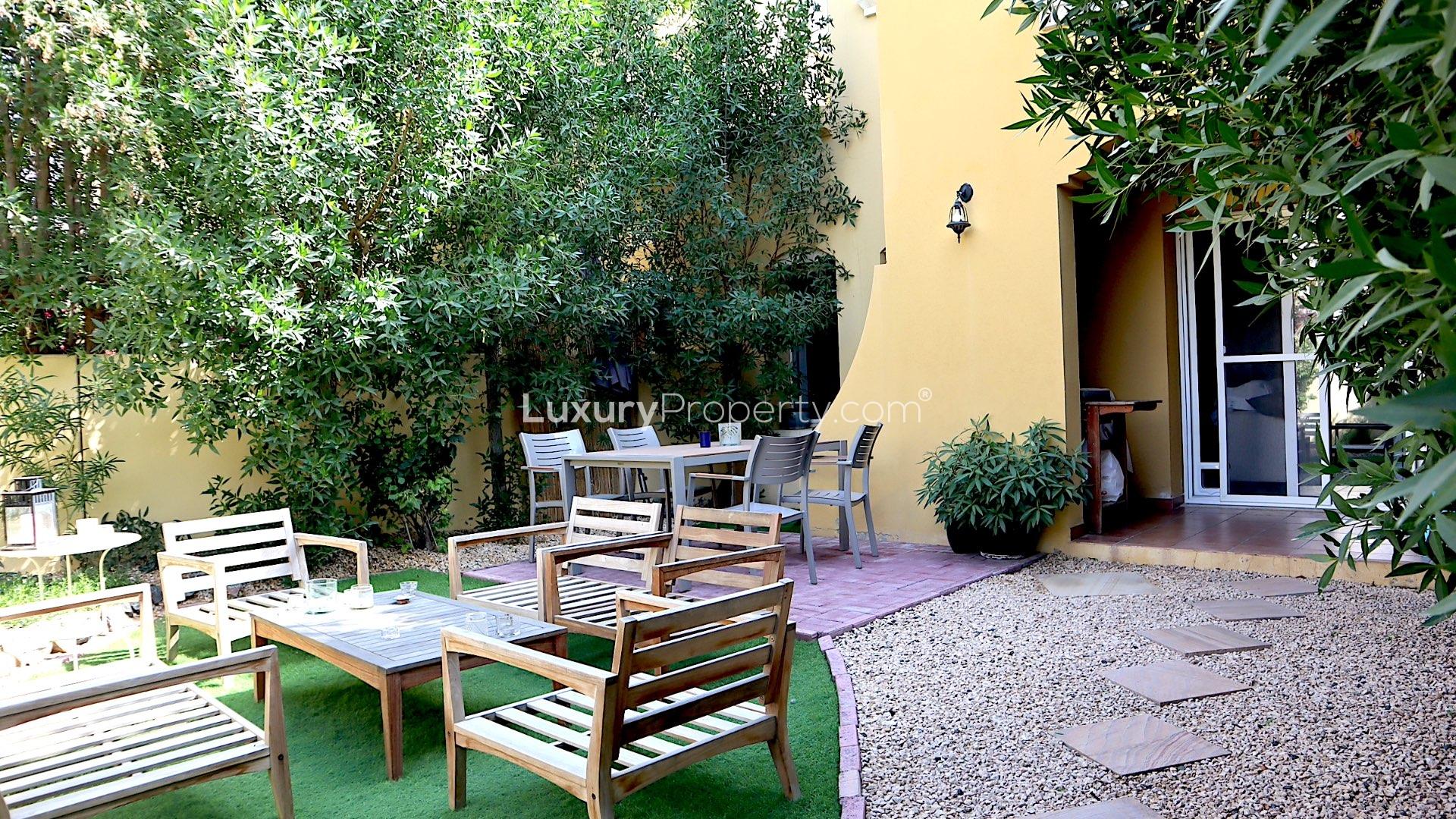 Empty room with tiled floor and balcony view in Palmera townhouse, Arabian Ranches