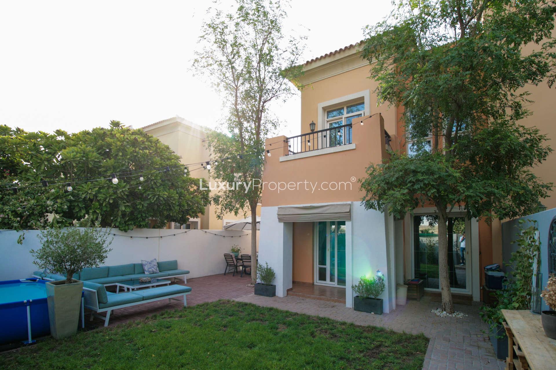 Modern bathroom with wooden vanity in Al Reem villa, Arabian Ranches for rent