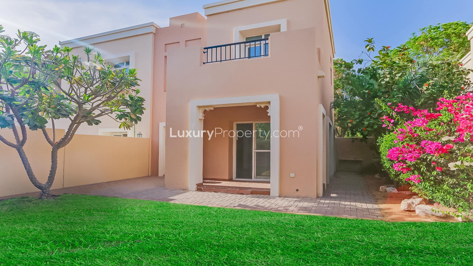Lush garden view of 2-bedroom townhouse in Al Reem, Arabian Ranches for rent