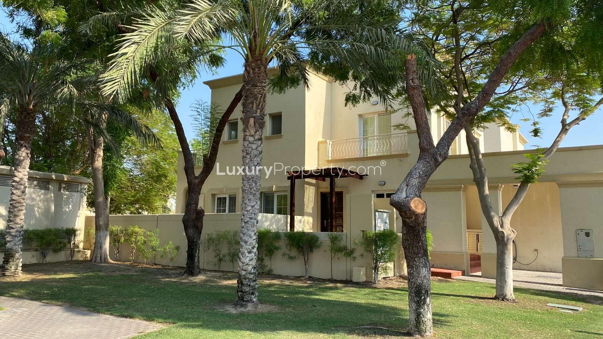 Modern 2-bedroom villa exterior with driveway in Springs 3, Dubai for rent