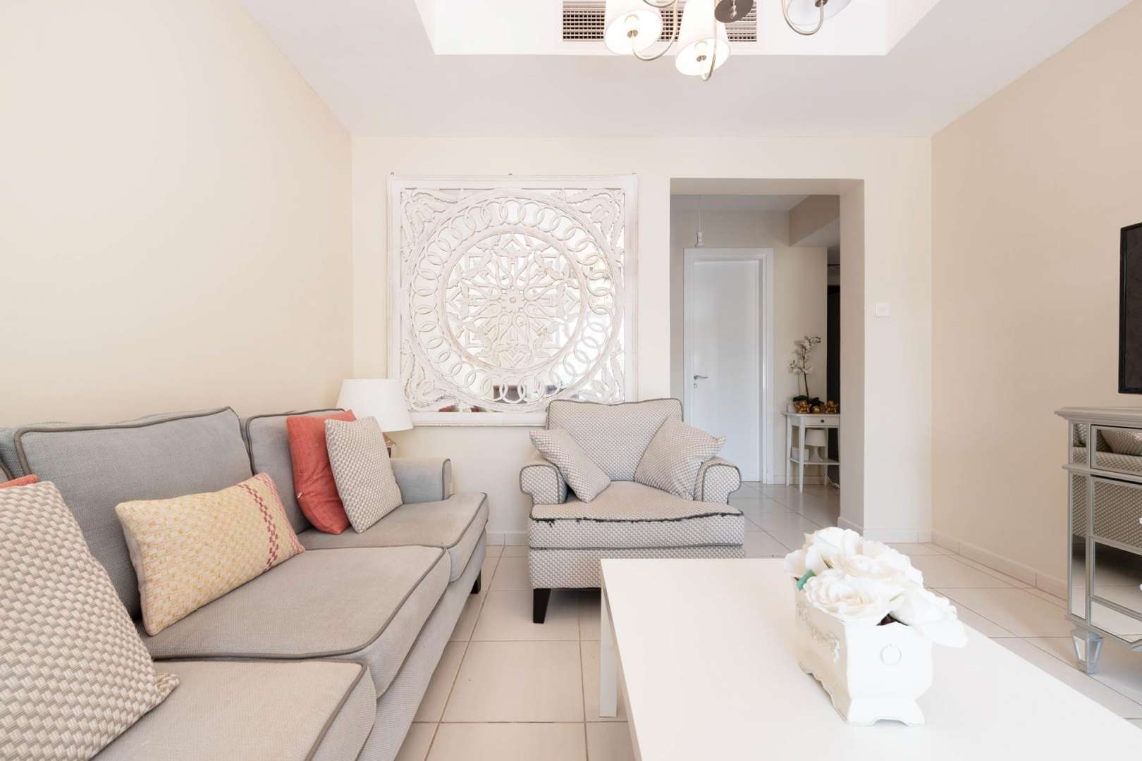 Fully furnished living room in upgraded 2-bedroom villa, Springs, Emirates Living, lake views