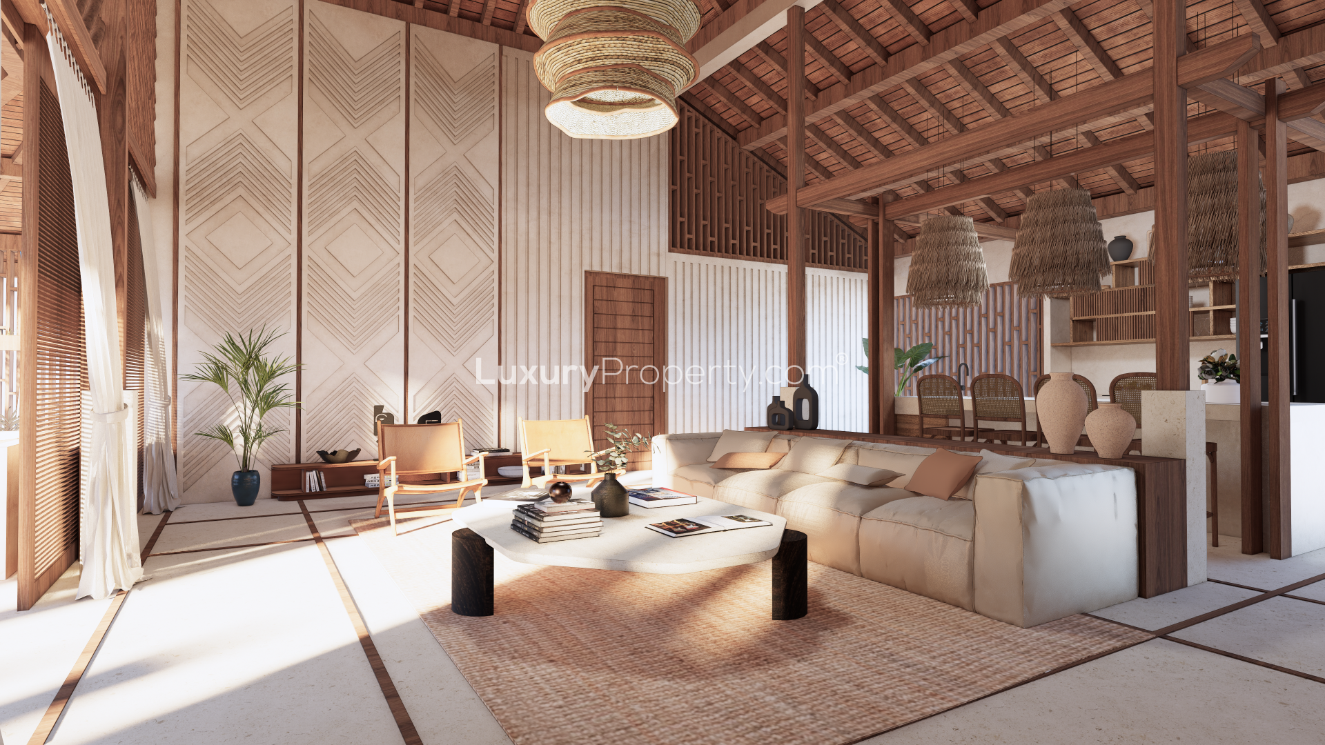 Two-bedroom villa interior with modern decor and natural light in Kuara, South Lombok