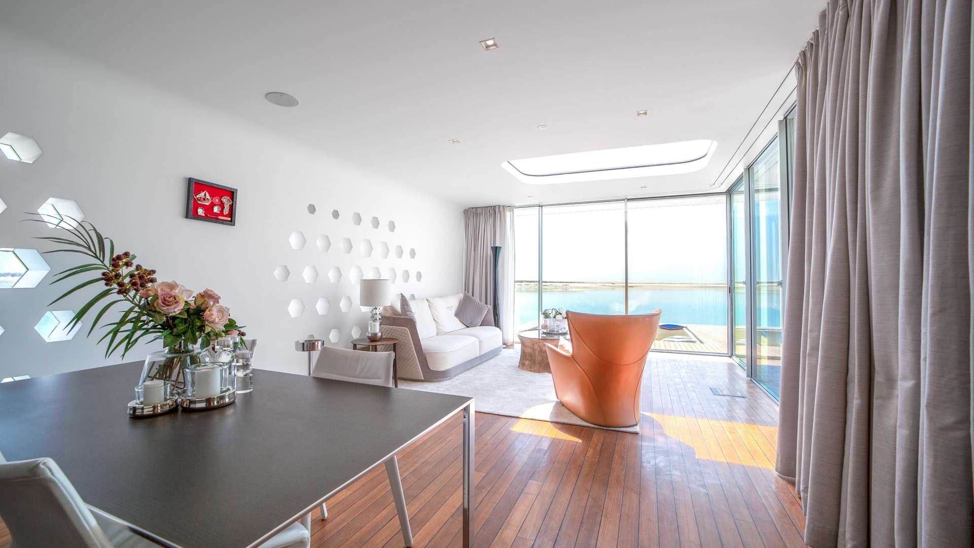 Luxury interior of Floating Seahorse Villa, ocean view, The World Islands, Dubai