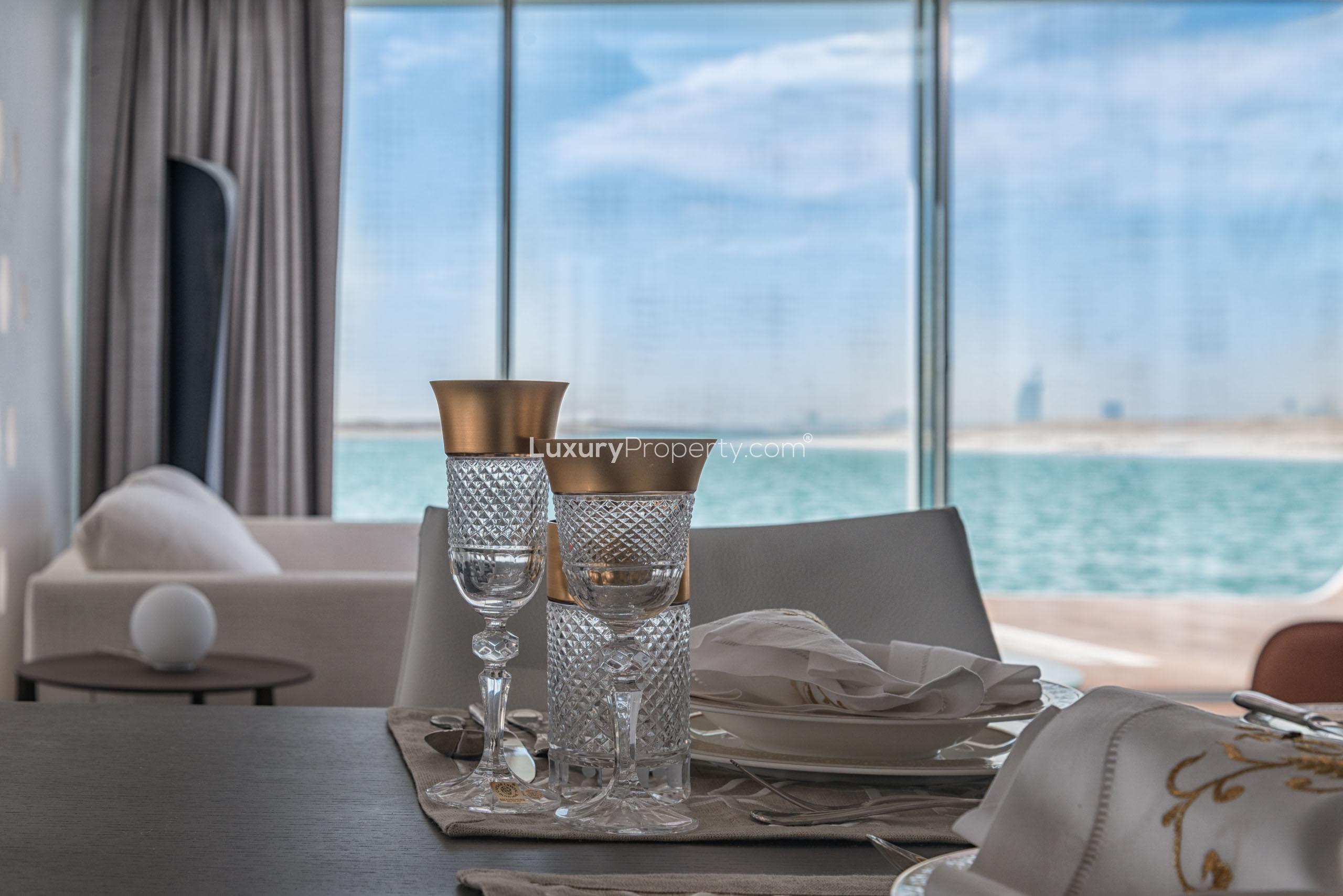Luxury dining setup with sea view at The Floating Seahorse Villa, Dubai