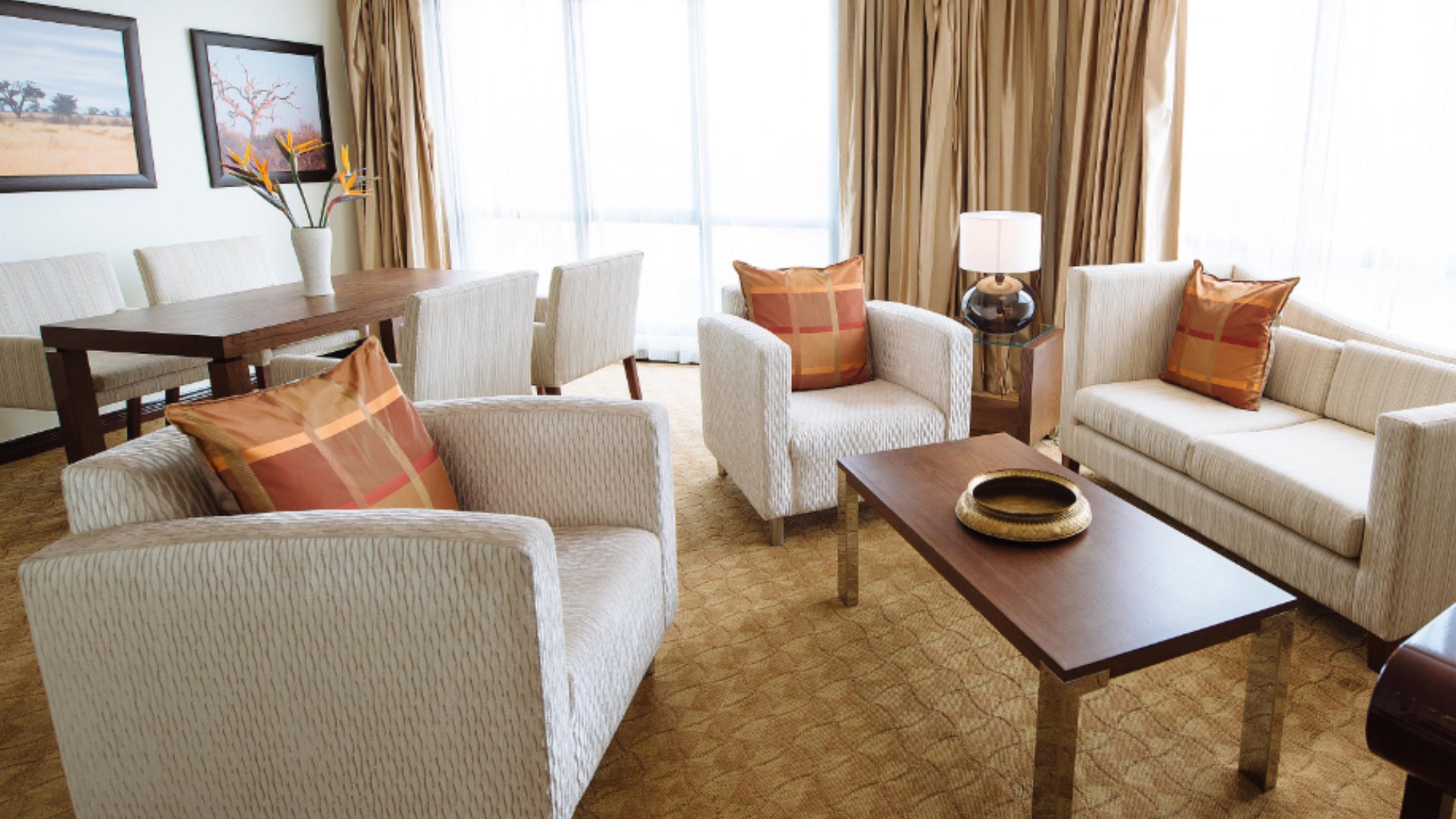 Luxurious hotel dining area in Nairobi's Upper Hill, featuring elegant decor and seating