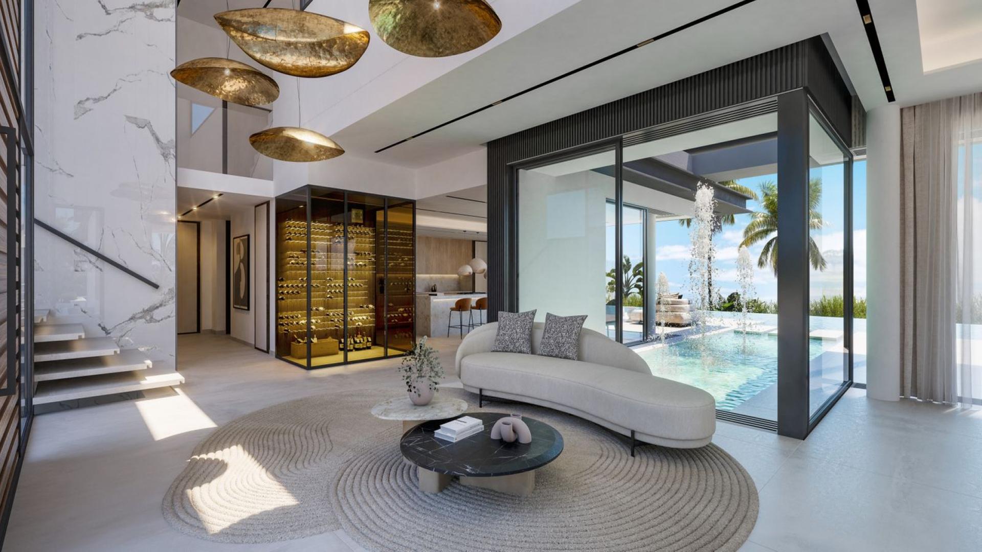 Luxury living room in 7-bedroom villa, El Paraíso, Benahavis, with modern decor and garden views