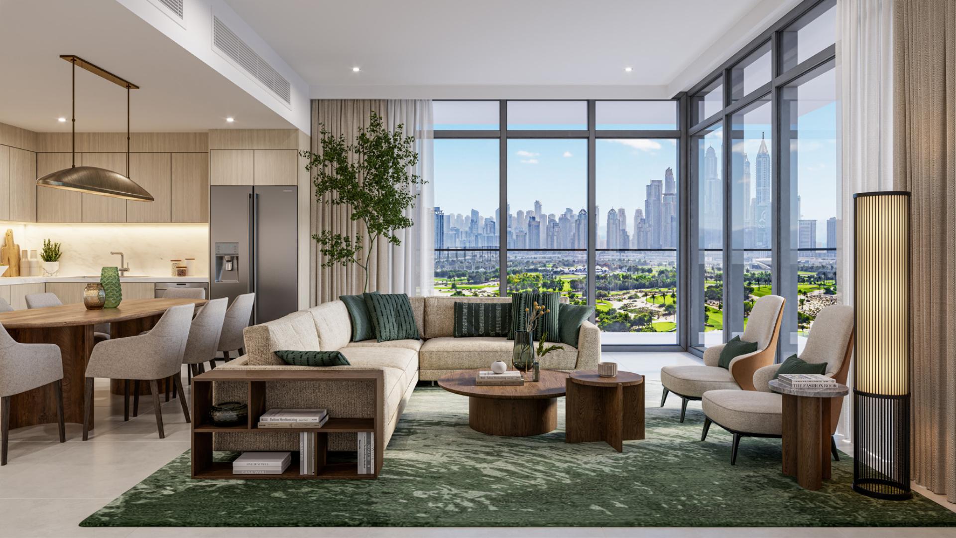 "Golf Heights apartment balcony view overlooking lush golf course and city skyline, Emirates Living.",Luxurious living room in three-bedroom apartment, panoramic city views, Golf Heights, Emirates Living