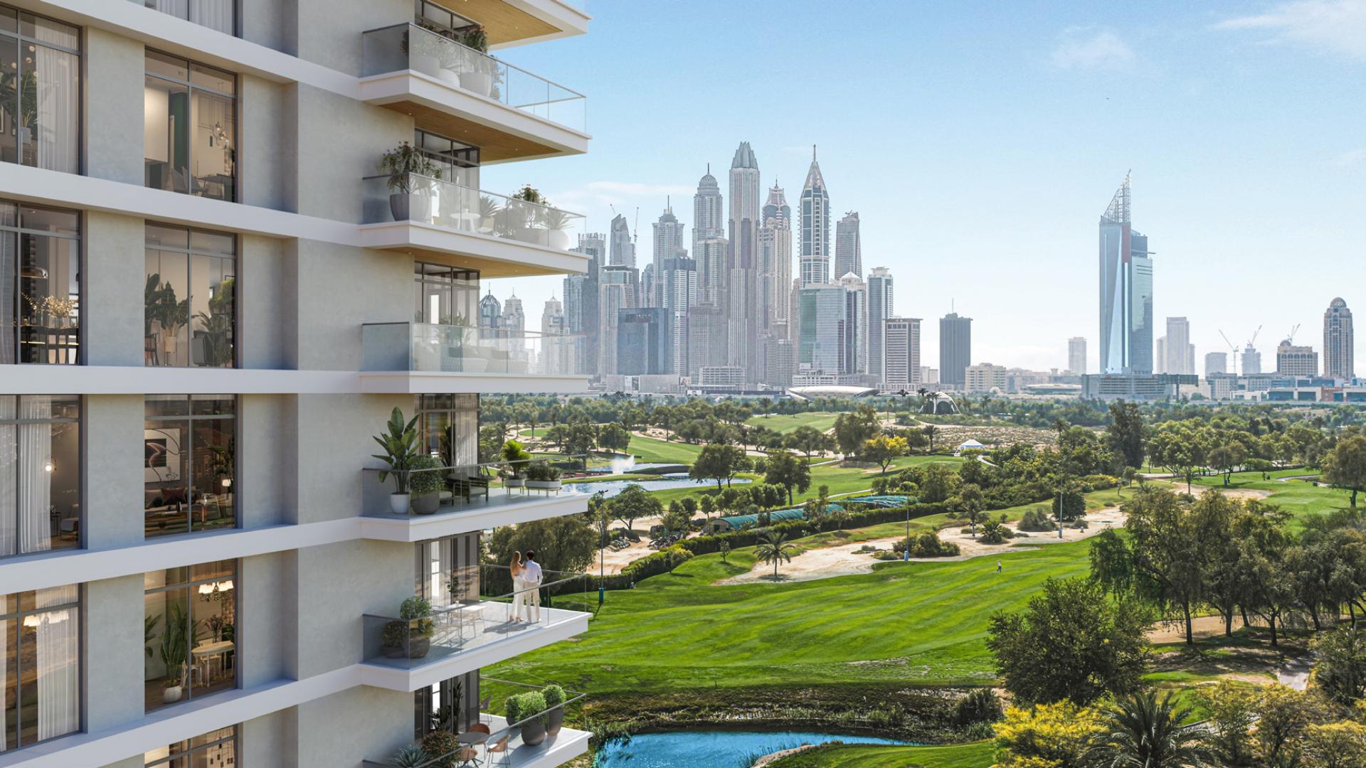 Lobby area of Golf Heights apartment in Emirates Living with modern decor and seating
