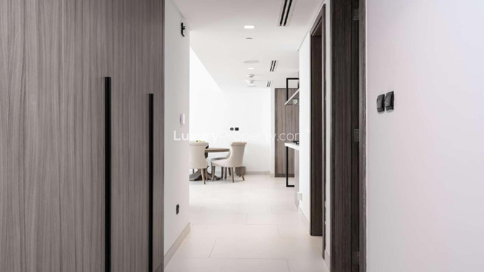 Modern penthouse living room with Palm Jumeirah and Burj Al Arab view, Soho Palm