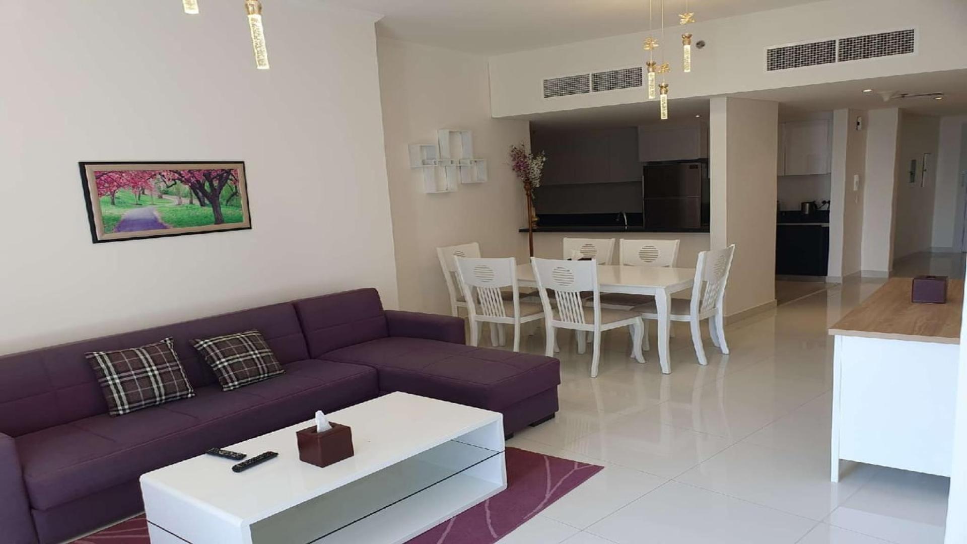 Aerial view of Dubai Marina skyline and marina from Damac Heights apartment for rent