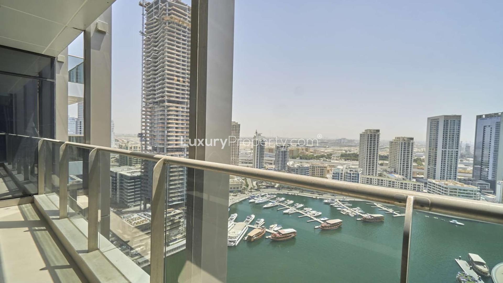 Balcony view of Dubai Marina from 3-bedroom apartment in Sparkle Towers for rent