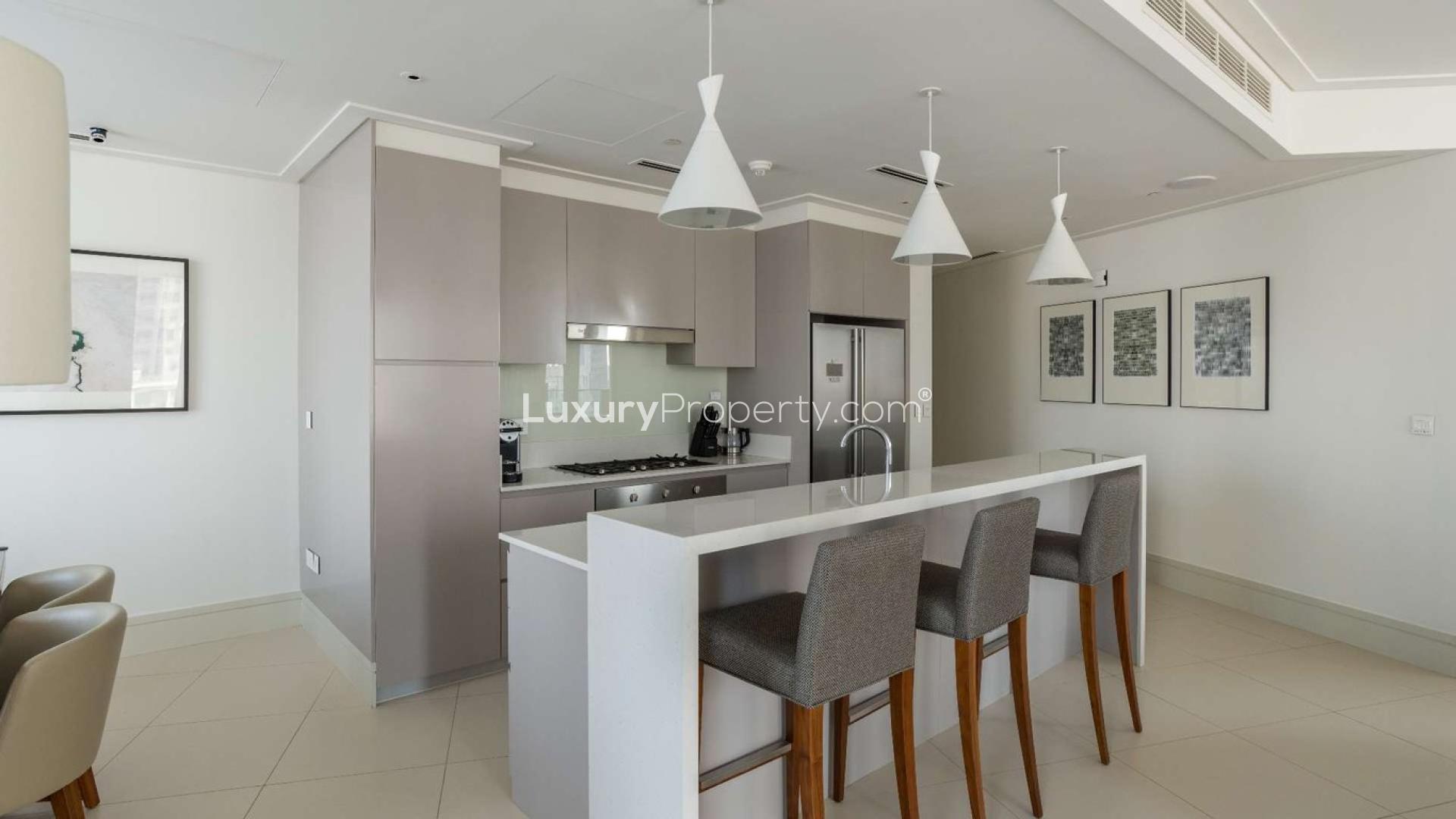 Modern living room in 3-bedroom apartment, Vida Residences, Downtown Dubai, with city views