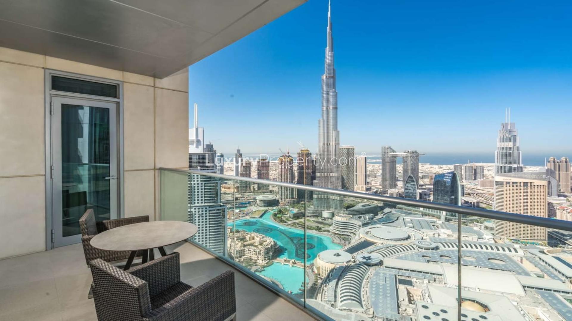High-floor apartment balcony view of Downtown Dubai skyline and Burj Khalifa
