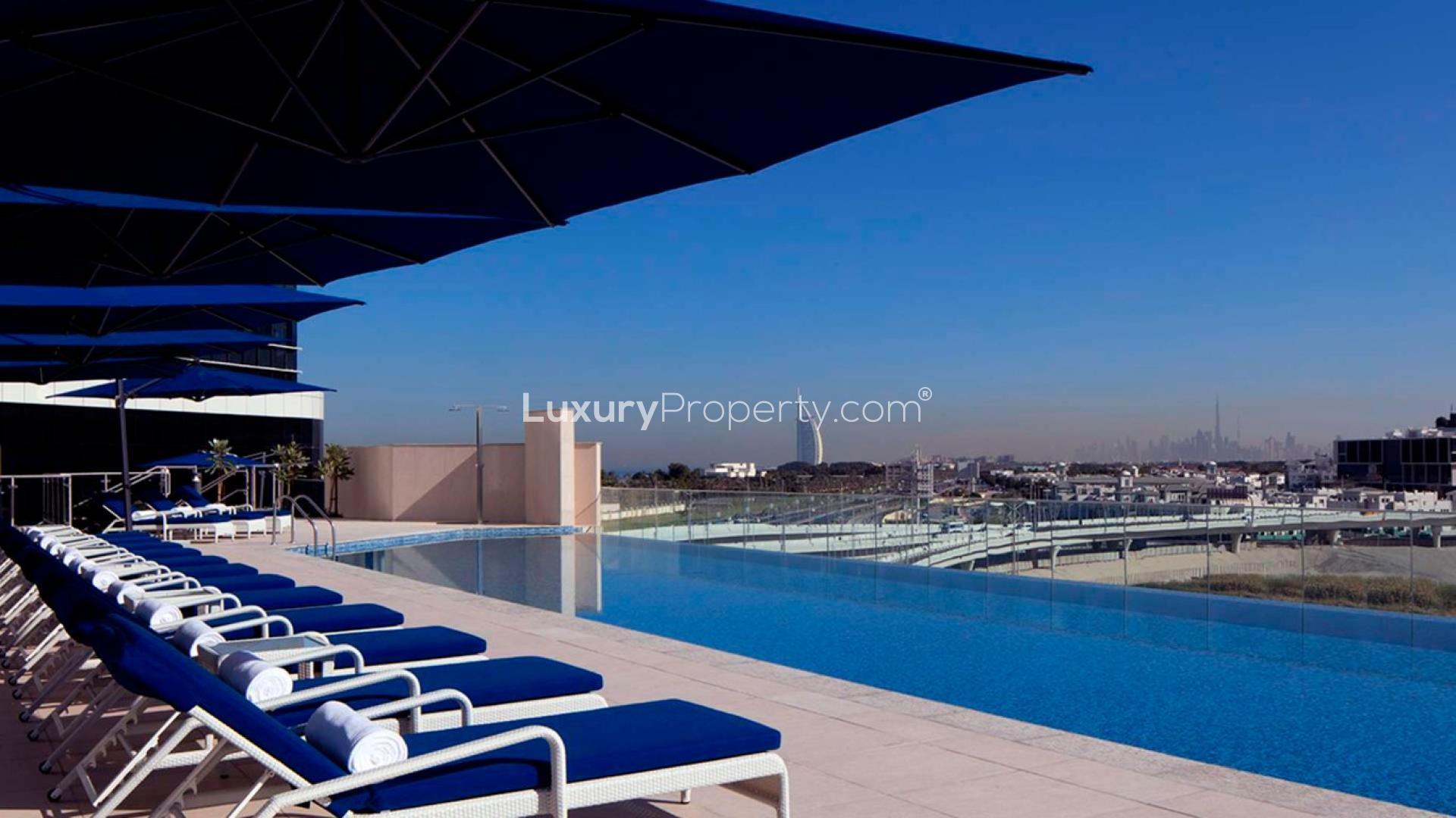 Studio apartment bedroom with city view at Avani Palm View Hotel, Dubai Media City