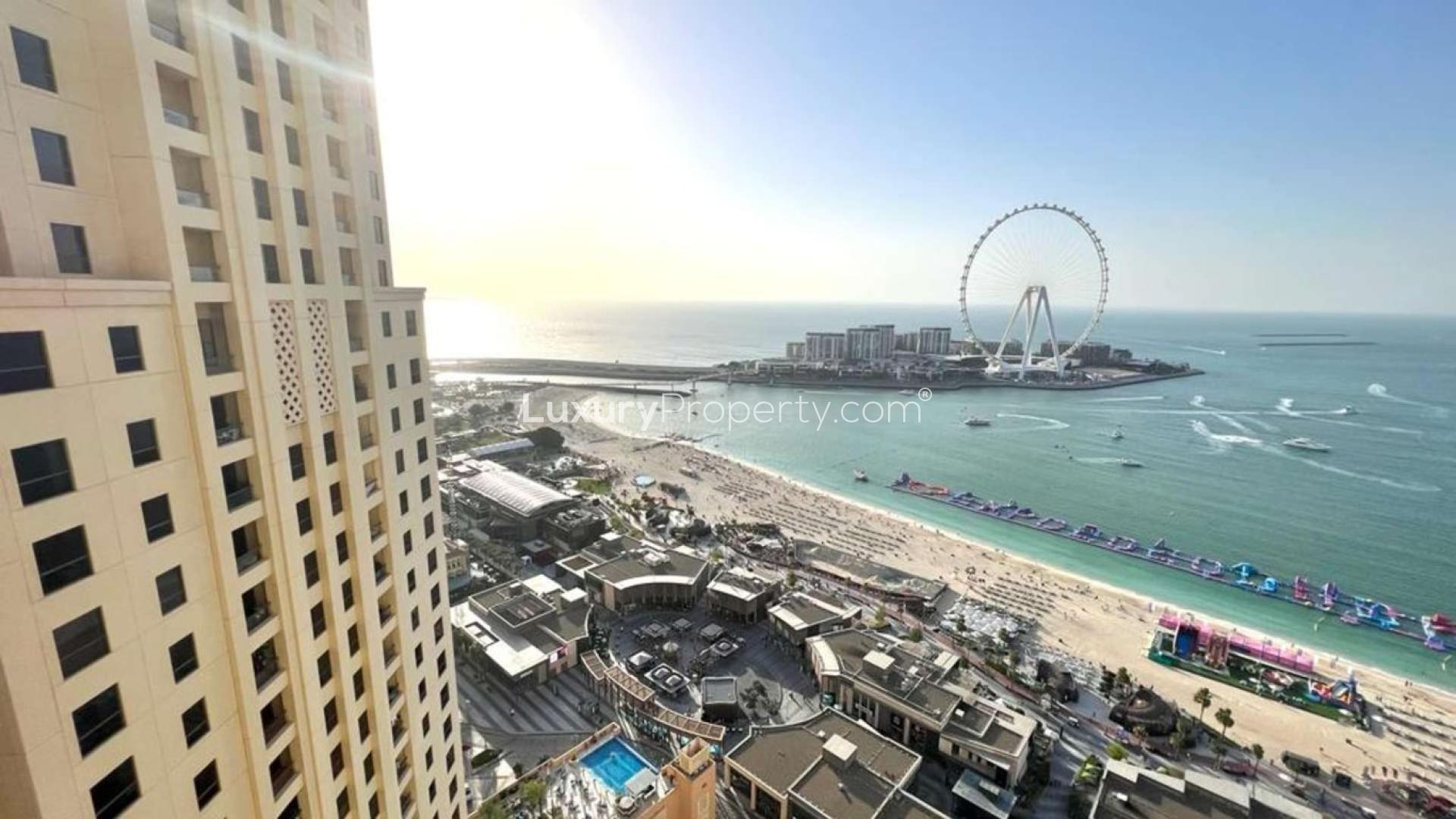Aerial view of JBR beach and Ferris wheel from Rimal 5 apartment, Jumeirah Beach Residence