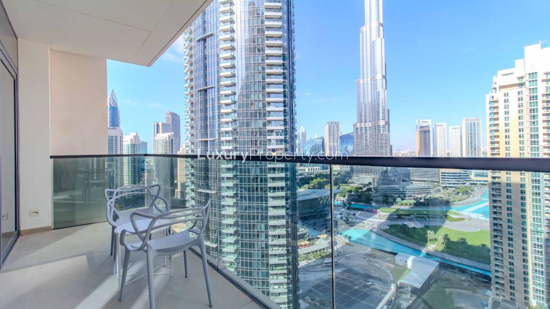 Furnished living room in 3-bed apartment, Burj Khalifa views, Downtown Dubai, Opera District
