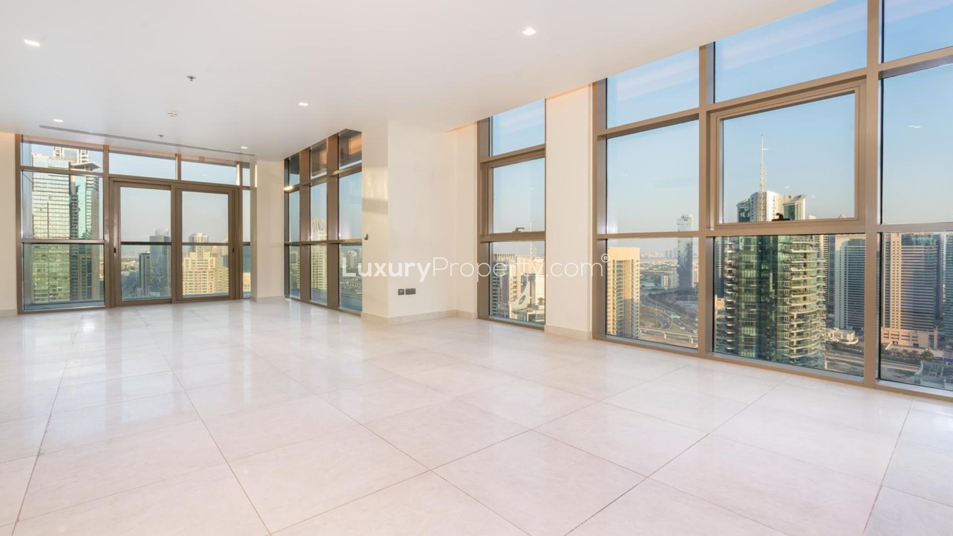 Luxurious Dubai Marina apartment balcony with stunning skyline and marina views