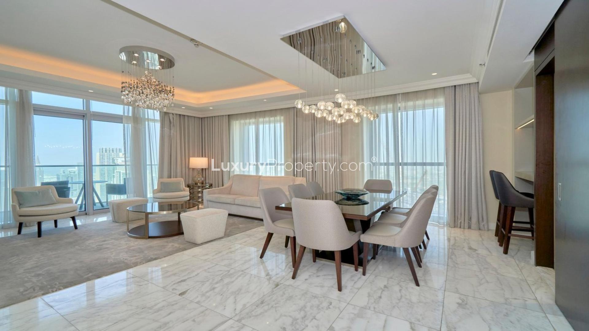 Furnished living and dining area in luxury Downtown Dubai apartment, Address Residence Fountain Views