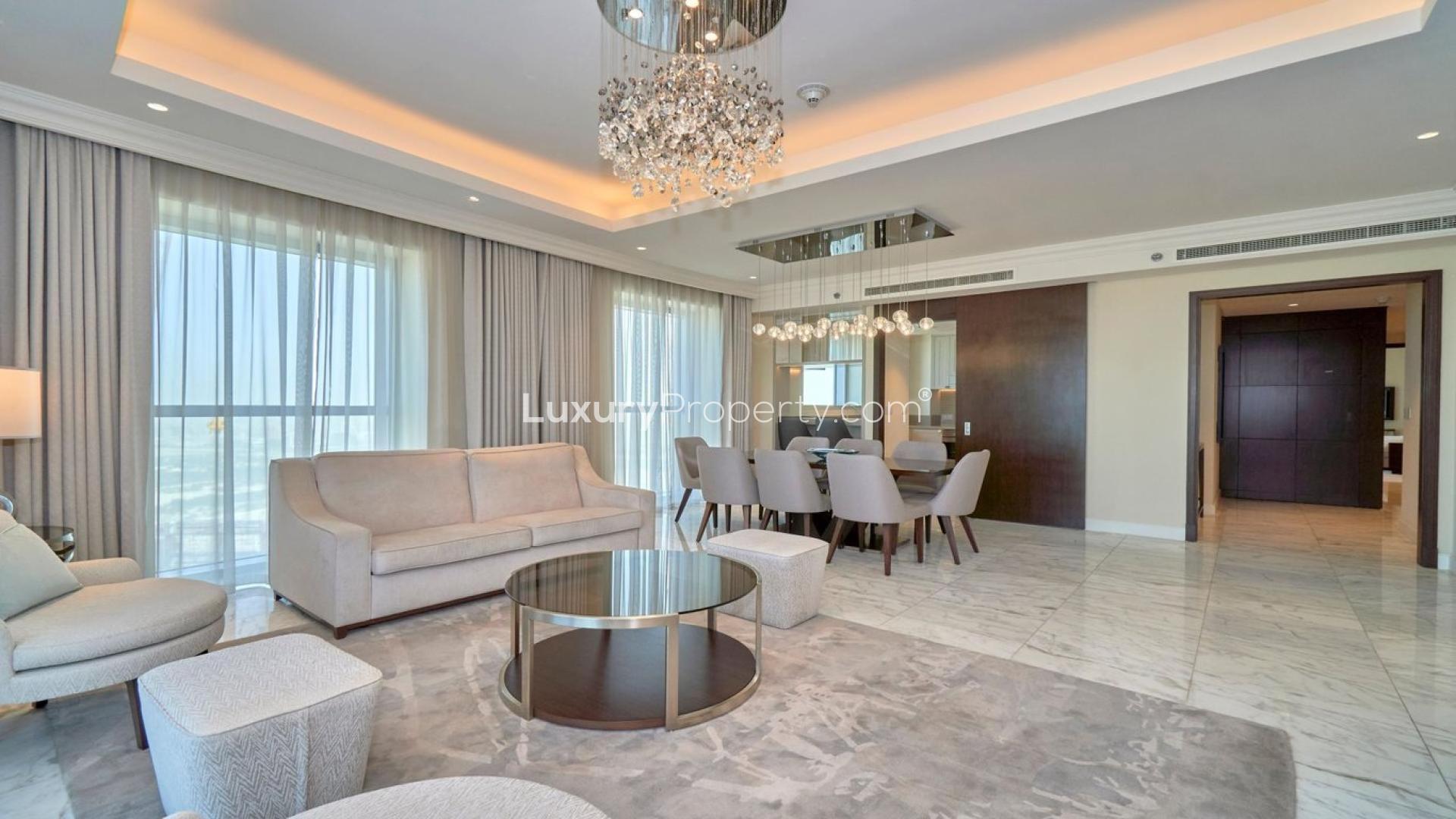 Furnished living room in Sky Collection Apartment, Downtown Dubai, with city views and modern decor