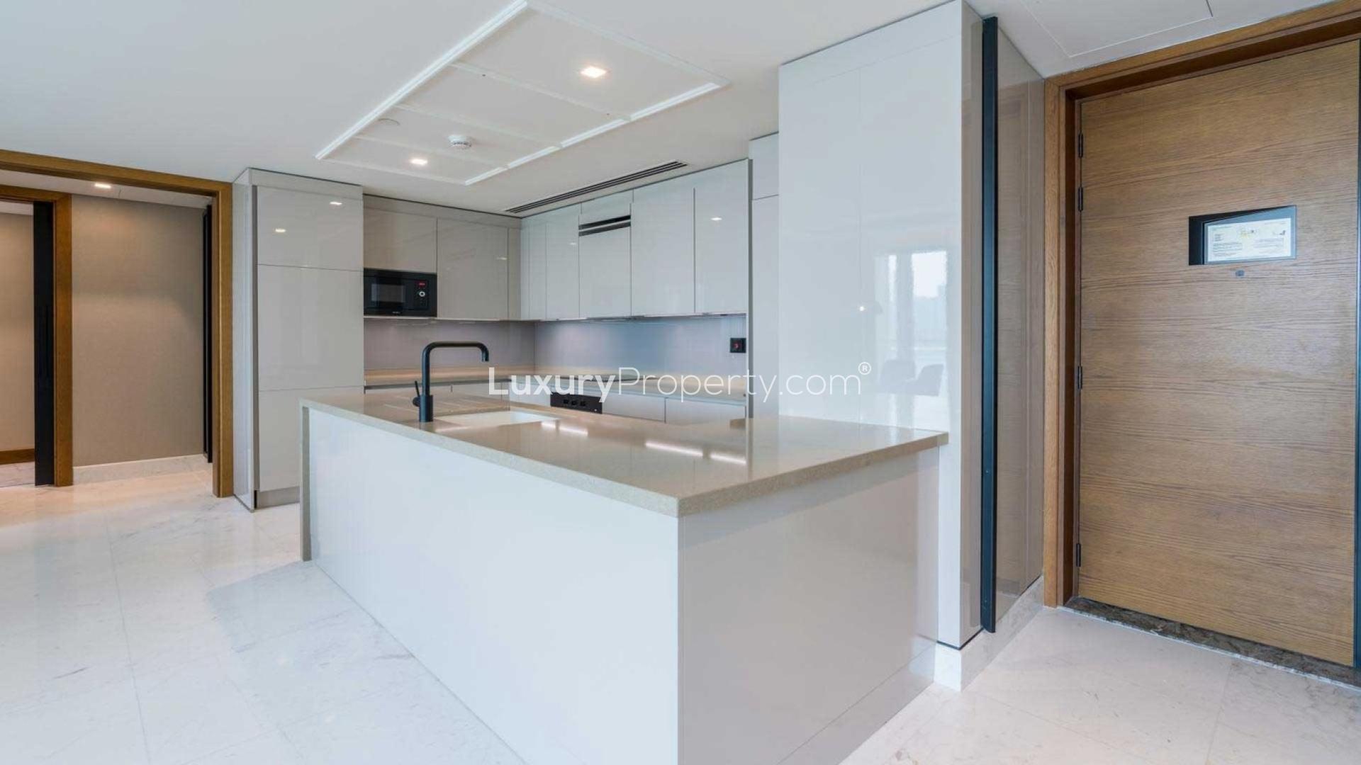 Luxurious living room in 3-bedroom apartment, Caesars Bluewaters Dubai, with stunning sea views