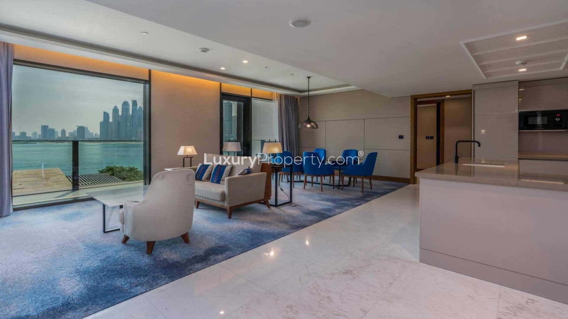 Balcony view from 3-bedroom apartment at Caesars Bluewaters Dubai overlooking waterfront and skyline