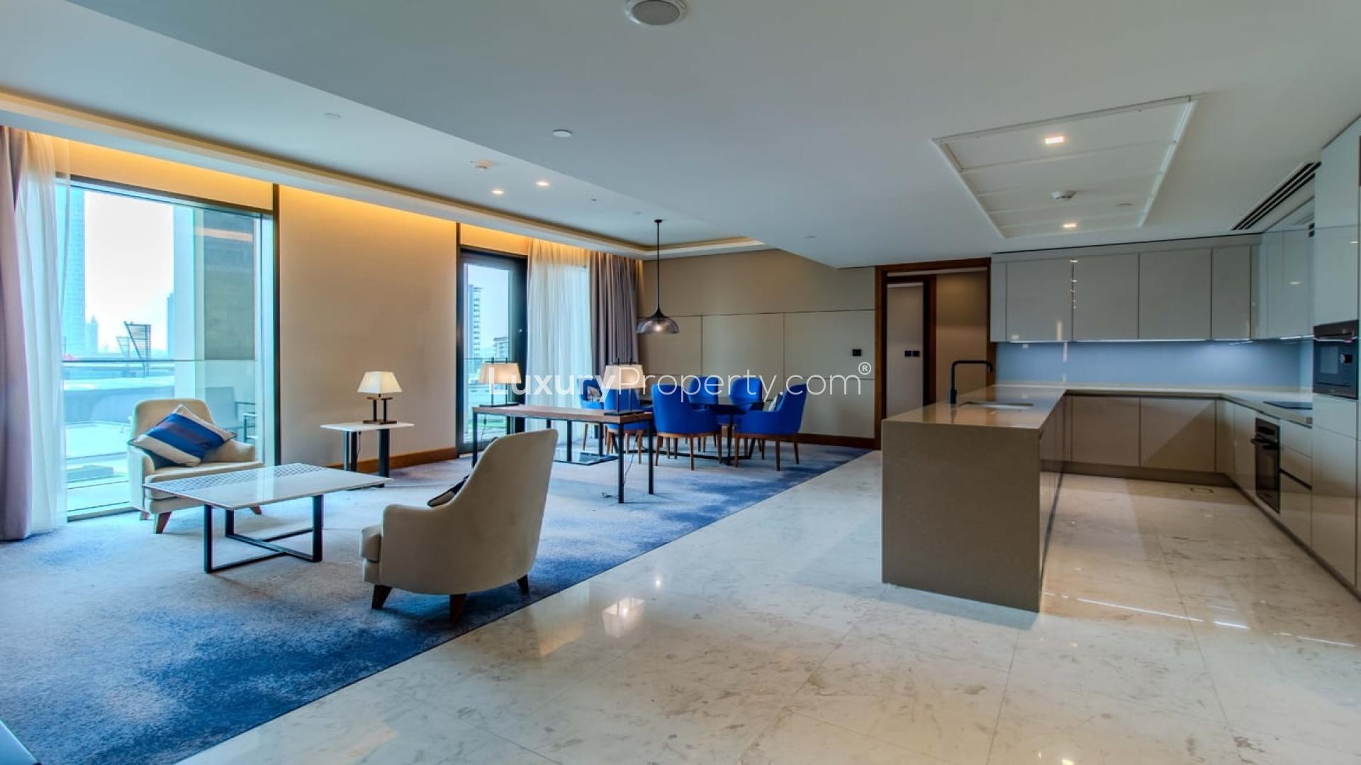 Modern living room in 3-bedroom apartment, The Residences at Caesars Resort, Bluewaters Dubai