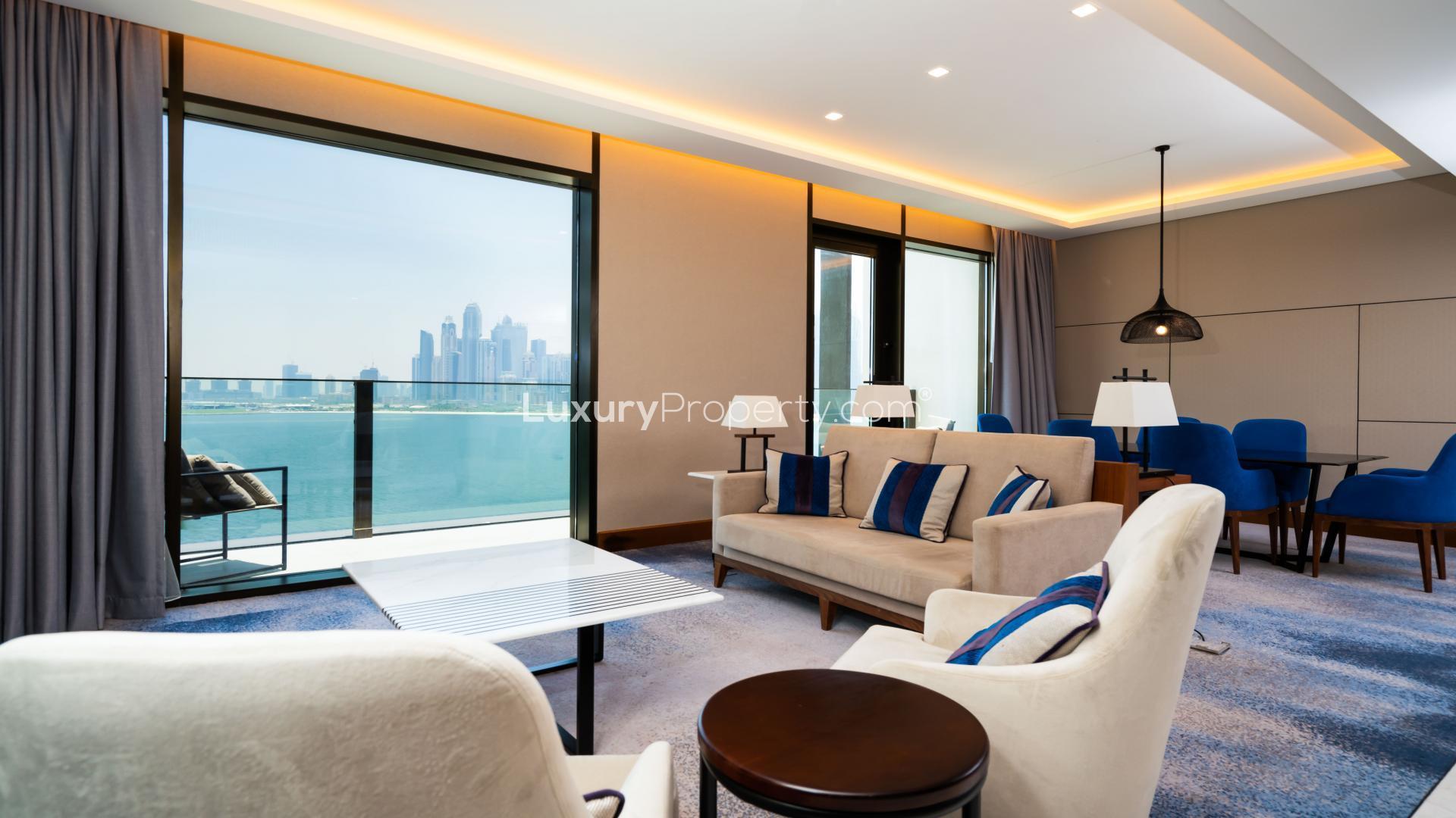 Modern living room in 3-bedroom apartment at Caesars Resort Bluewaters Dubai with sea view