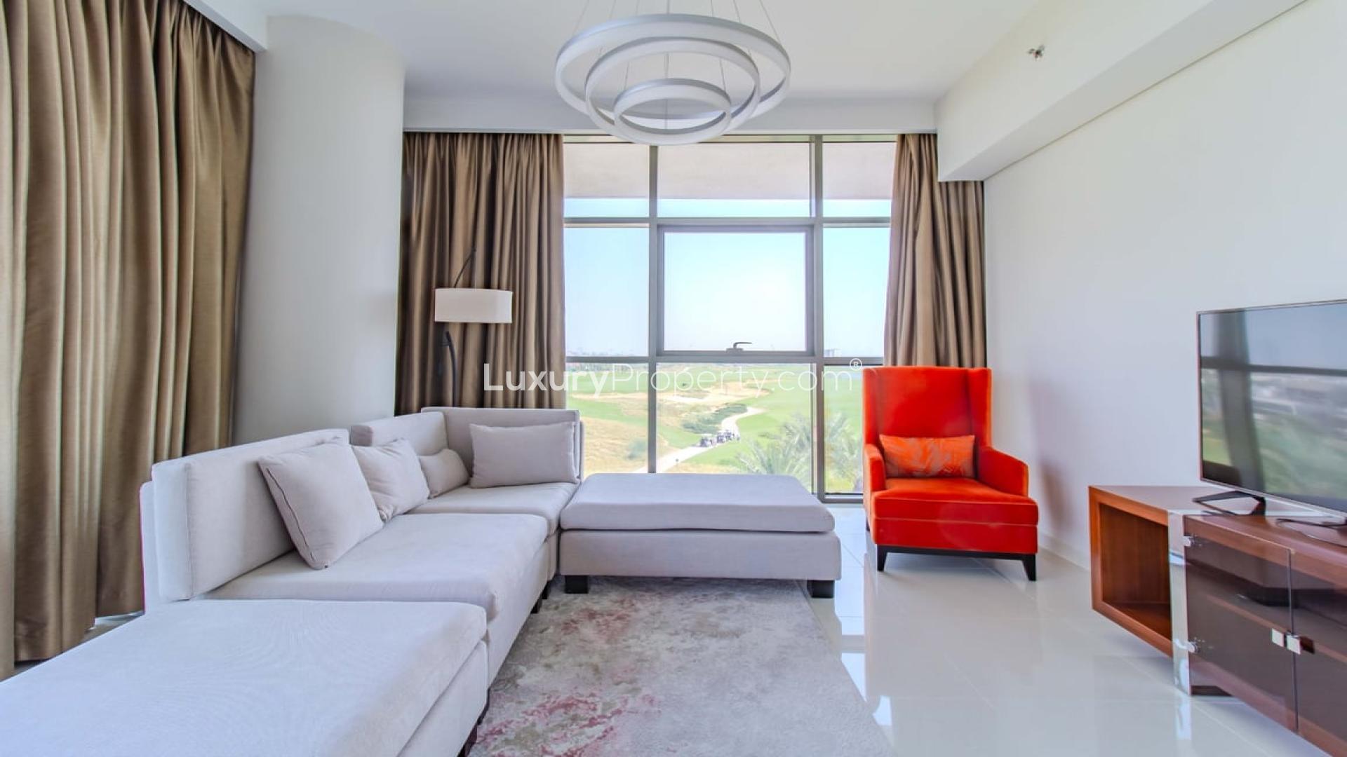 Spacious furnished living room with golf course view, NAIA Golf Terrace, Damac Hills apartment