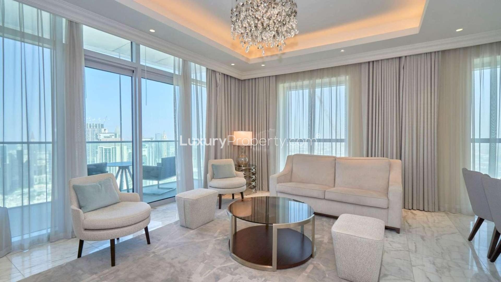 Luxurious living room in 3-bedroom apartment, The Address Fountain Views, Downtown Dubai