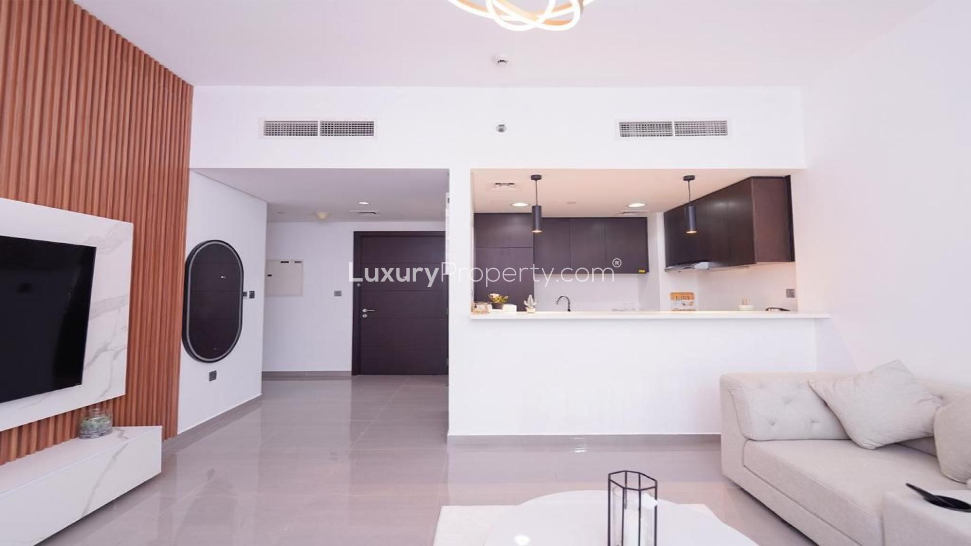 Spacious living room in furnished Merano Tower apartment, Business Bay, with modern decor