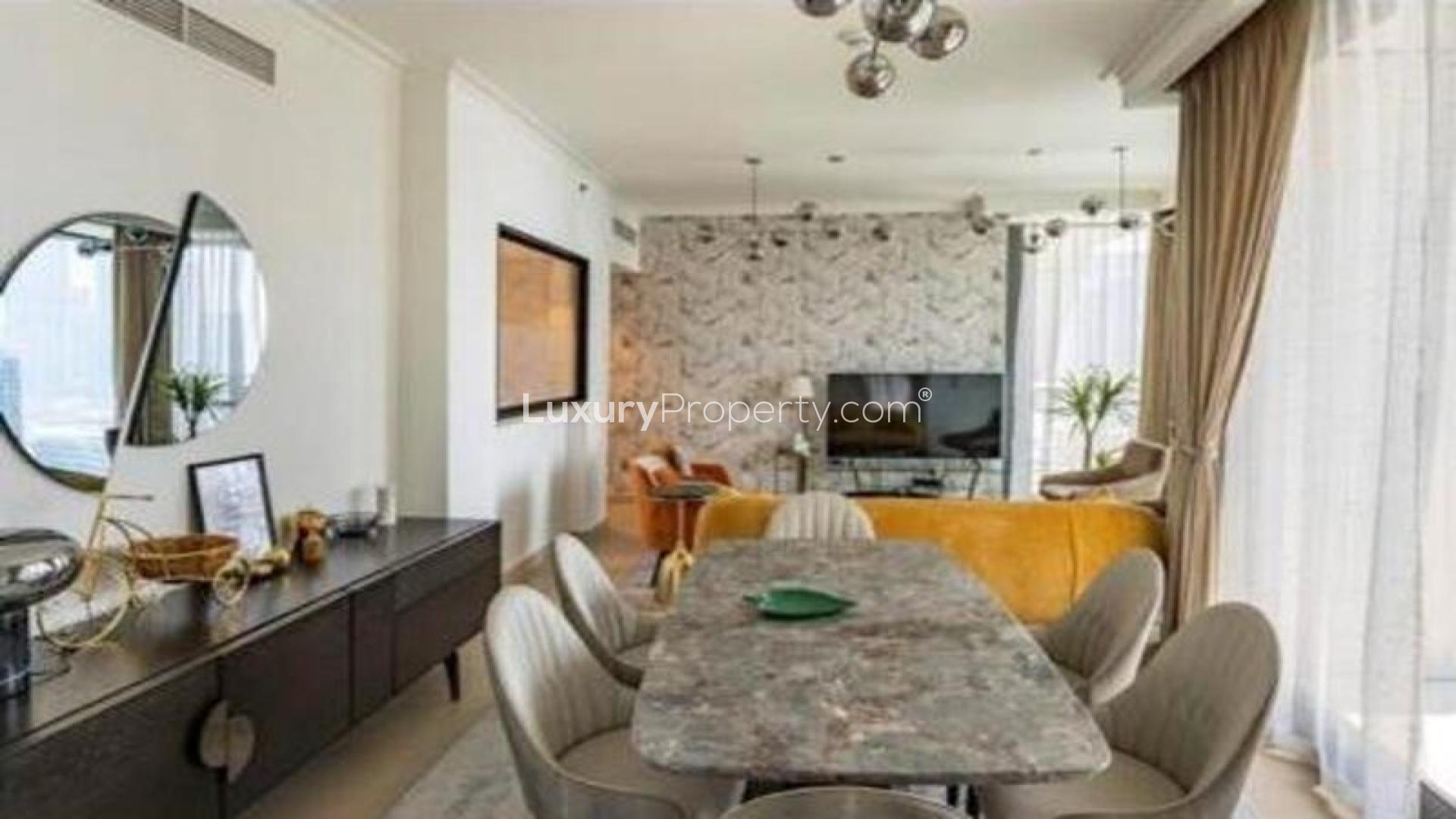Furnished apartment living room with Burj Khalifa view in Burj Vista, Downtown Dubai