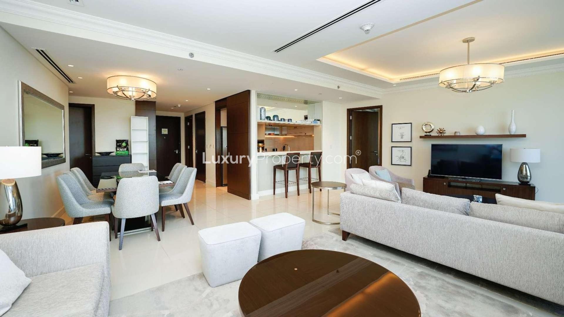 Furnished high-floor apartment dining and living area in The Address Residence Fountain Views, Dubai