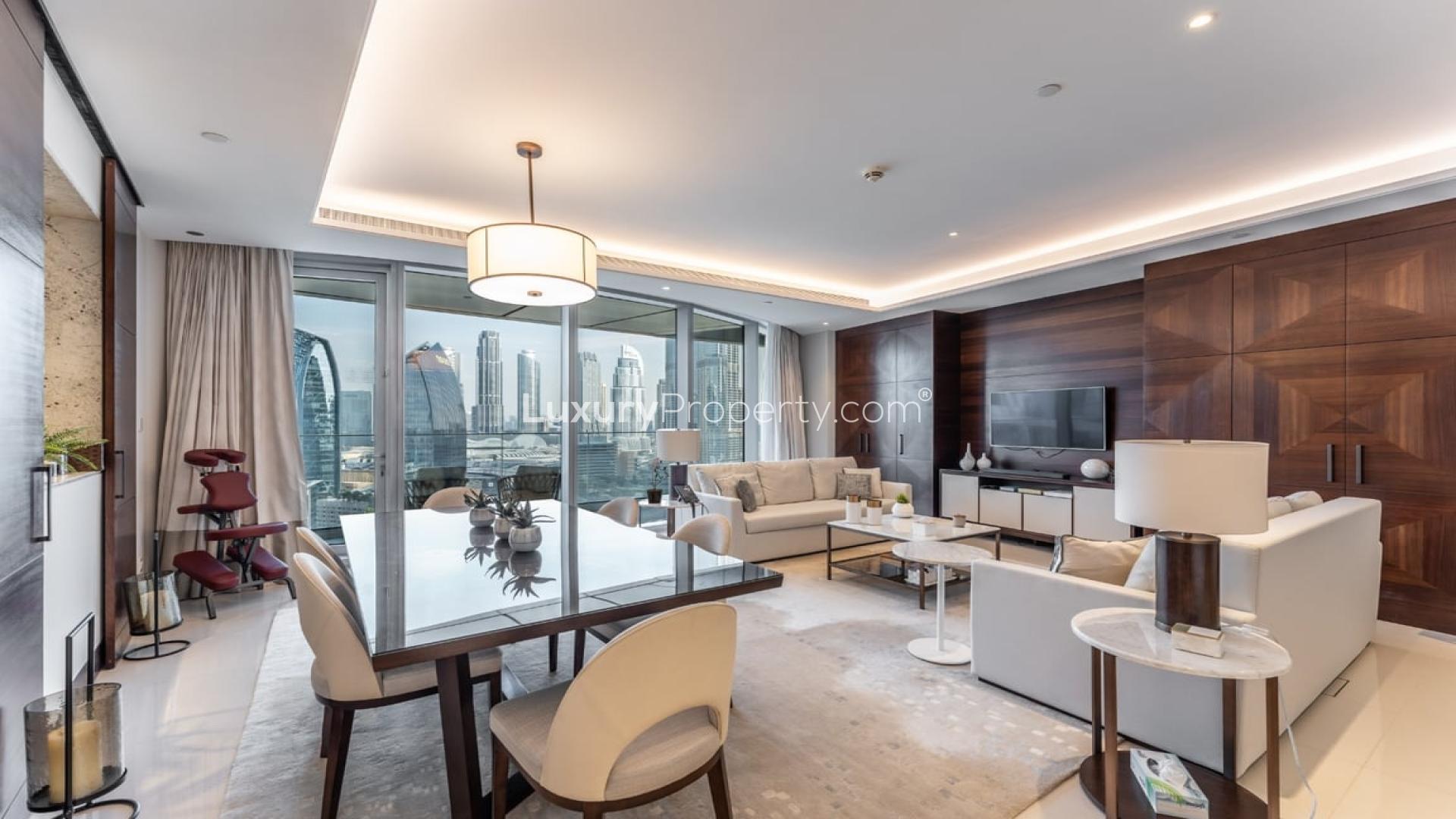 Luxe living room in 3-bed apartment, The Address Sky View Tower, Downtown Dubai