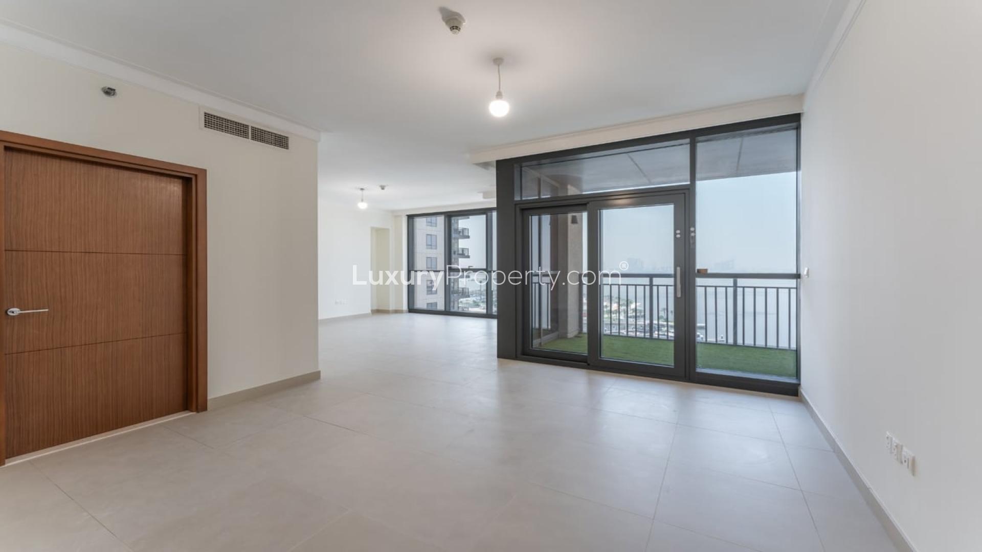 Balcony view of Dubai Creek Harbour waterfront from apartment in Residence Tower 2 North