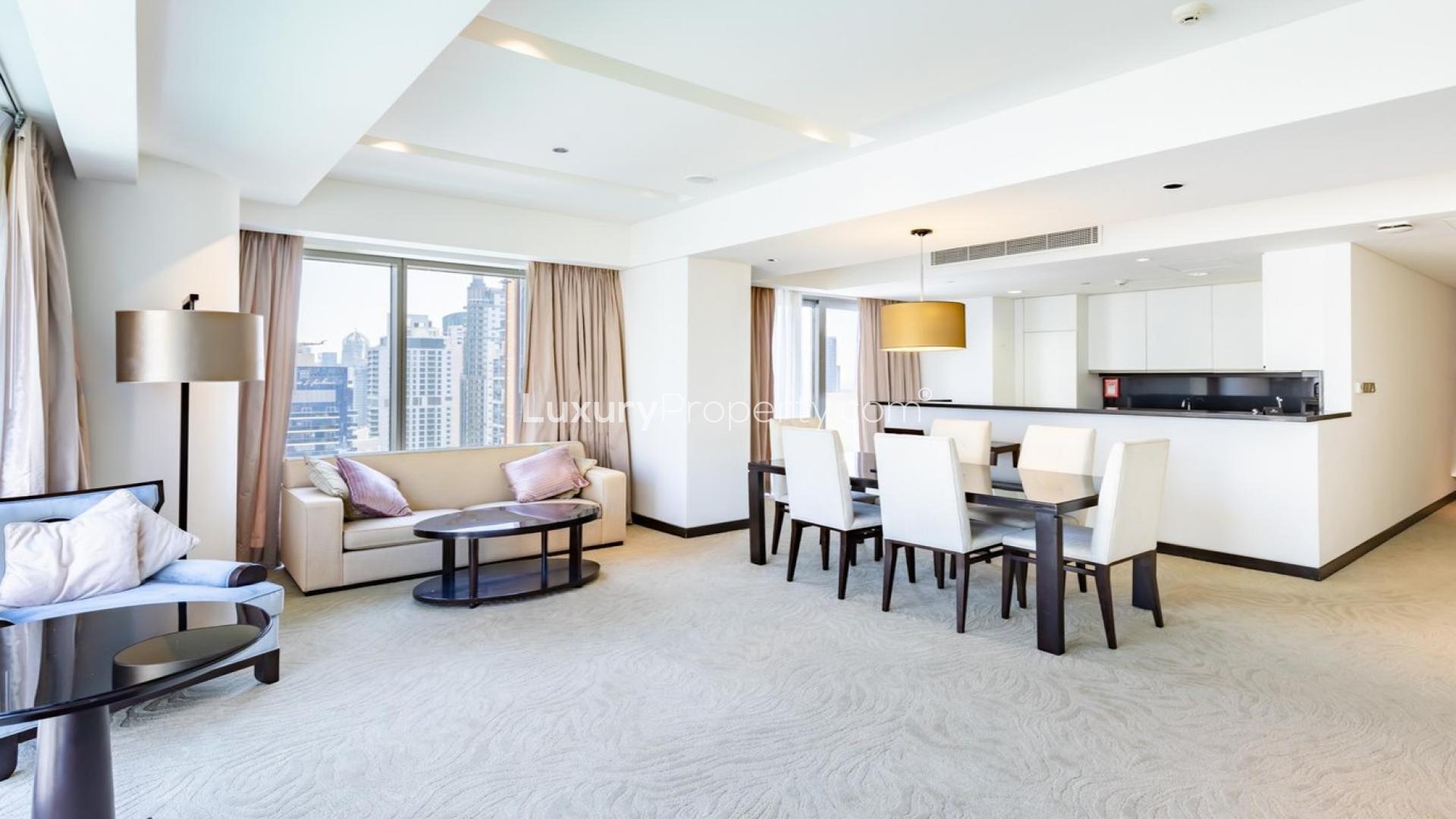 High-floor furnished apartment view in The Address Dubai Marina, overlooking cityscape and waterway