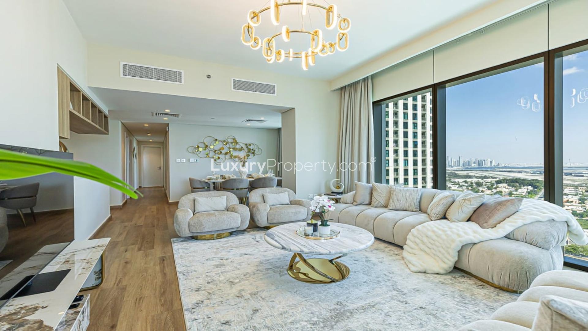 Outdoor seating area with Burj Khalifa view in Downtown Views II apartment in Dubai