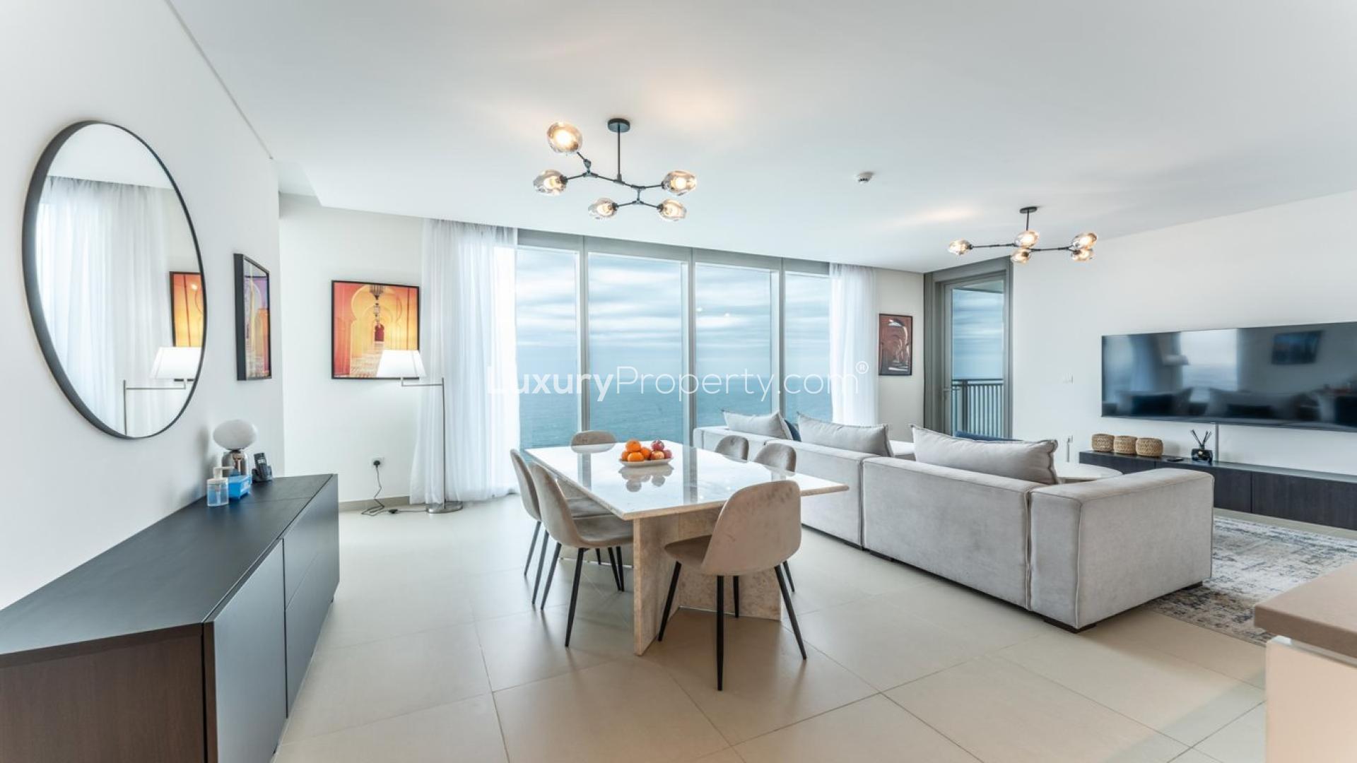 Fully furnished living area with sea view in 3-bedroom apartment, 52/42 Tower, Dubai Marina