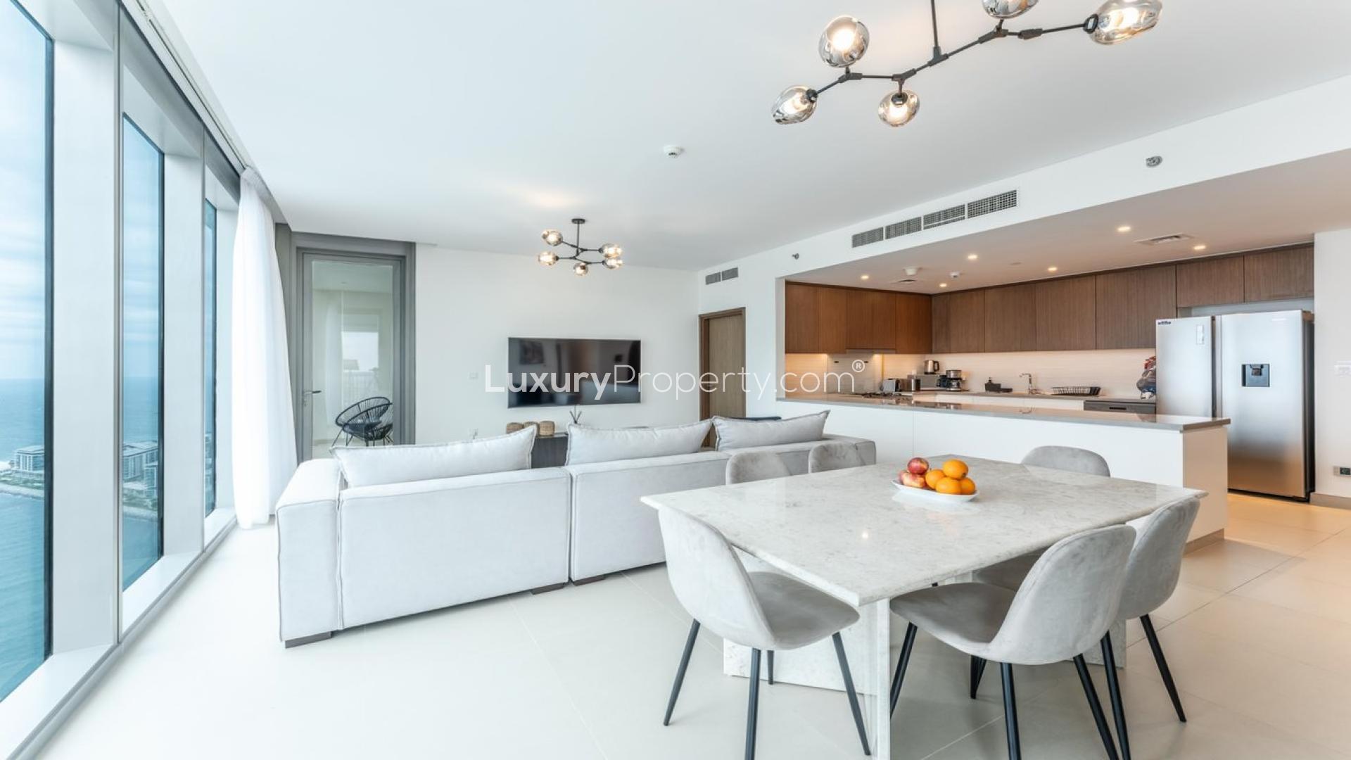 Modern living room in fully furnished 3-bedroom apartment, 5242 Tower, Dubai Marina