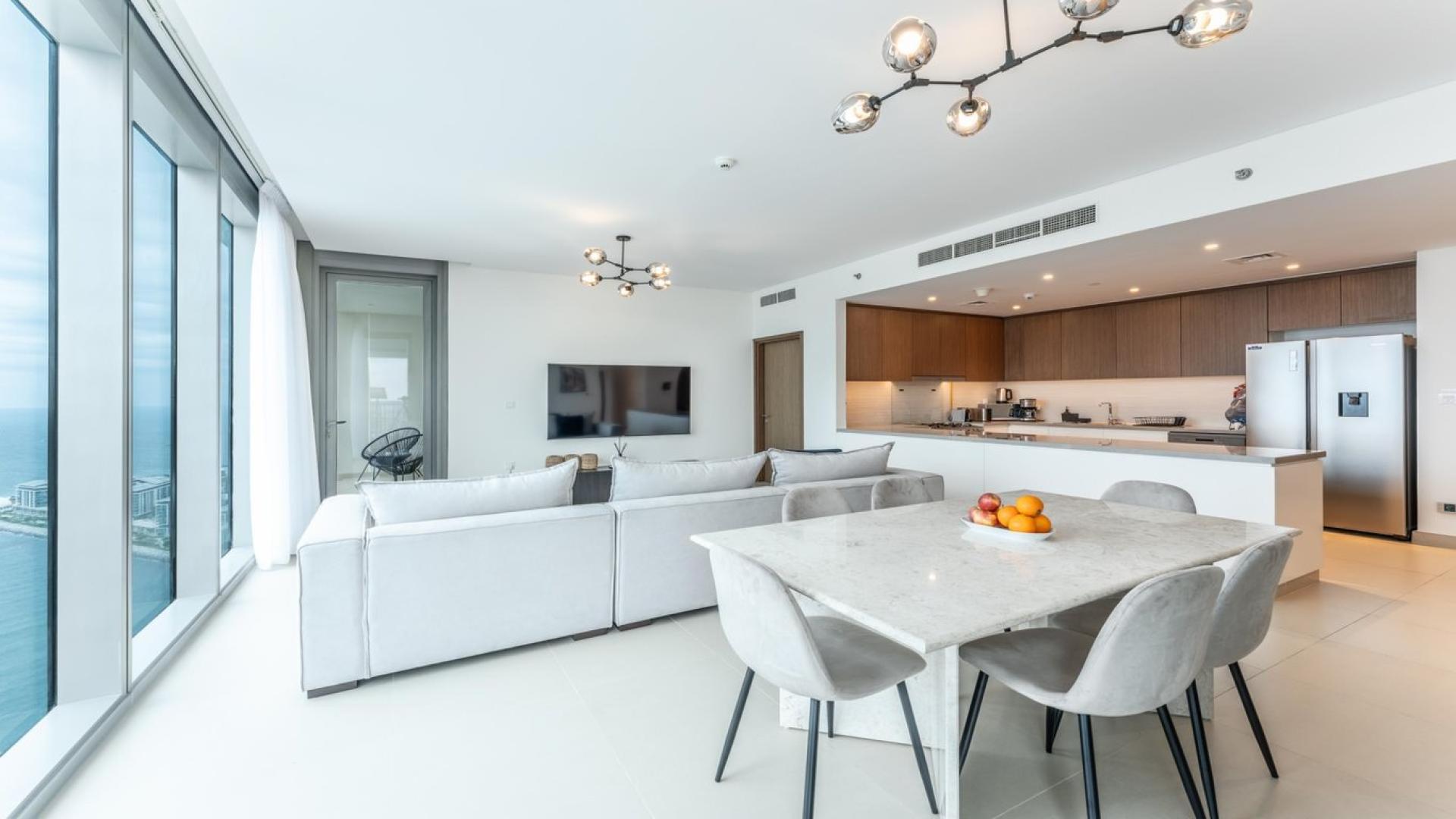 Modern living room in fully furnished 3-bedroom apartment, 5242 Tower, Dubai Marina